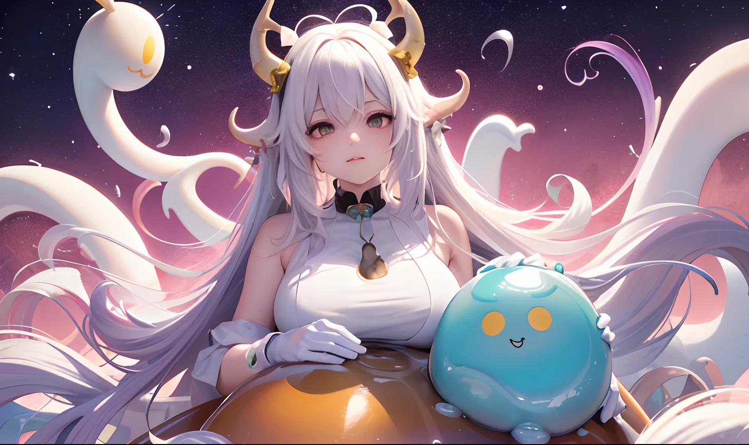 anime, girl, full body, animal ears, animal tail, extra animal ears, looking at views, long hair, multicolored hair, hair ornament, slime, double body, simple background, white background, string, silk, milk, cute, holding, large horns, high quality, height, large breasts, closed dress, closed mount, closed breast,much slime, tentacles hair, parasite, melting, egg, pregnant, horns, , cute, glowing, gloves, slime milk bag bangled on body, body upper another body, four legs, closed dress, closed suit, closed breast, closed mount, melting,much slime
