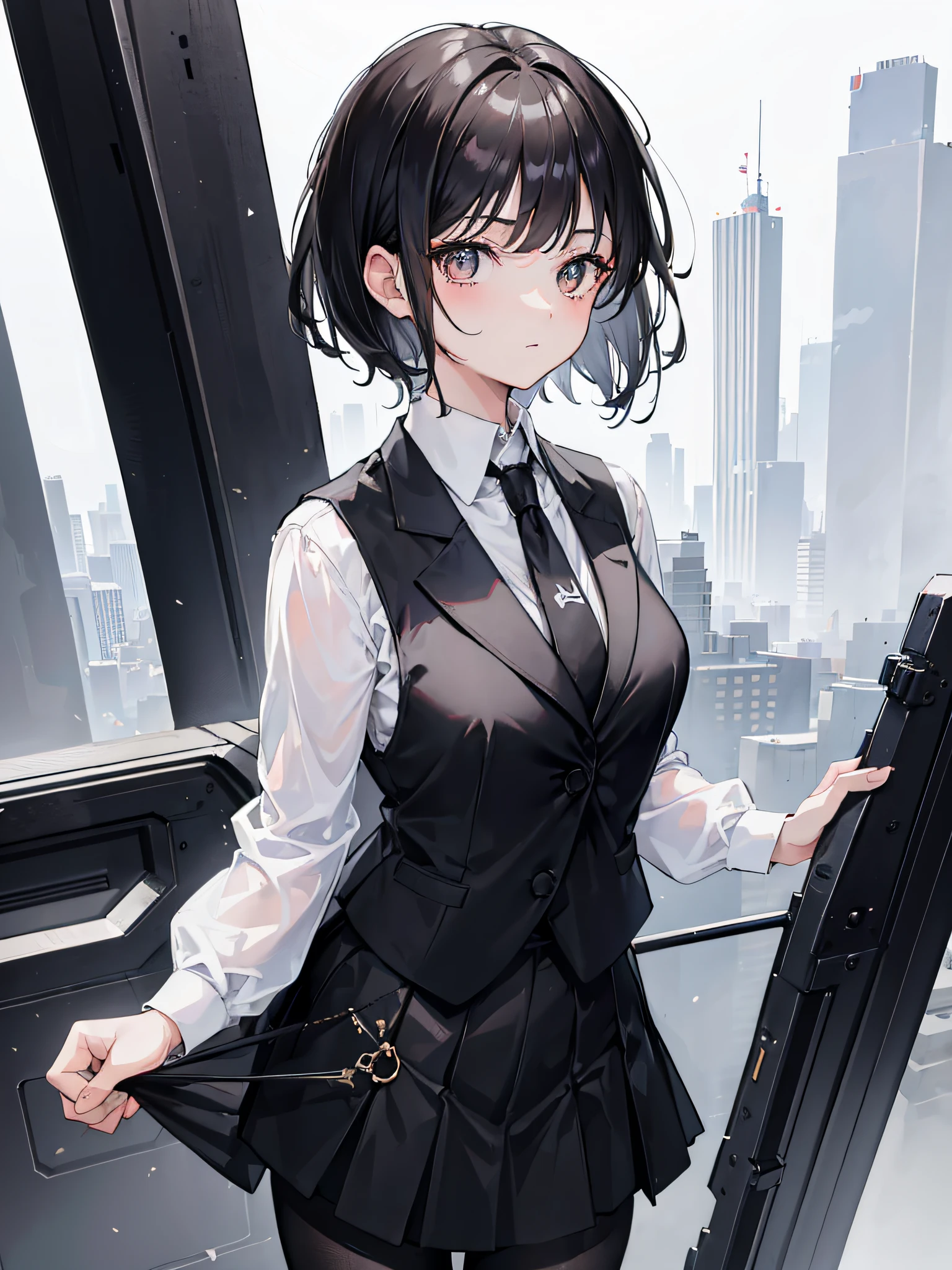 1girl, short black hair, dark brown eyes, wearing formal white shirt, black suit vest, black neck tie, black skirt, black leggings, city, absurdres, high res, ultrasharp, 8K, masterpiece, looking at viewer