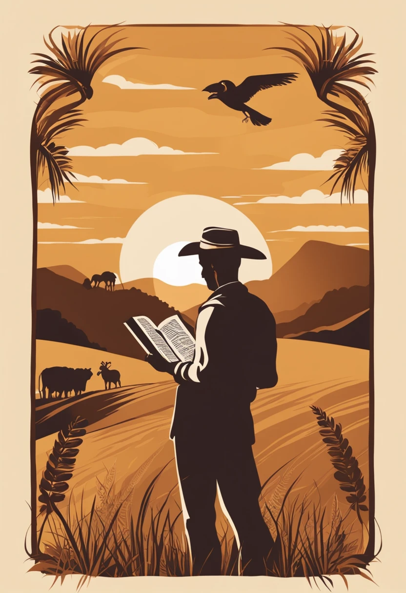 Create an impactful illustration that symbolizes the importance of reading the Bible. Use a man with the Bible in his hands in front of a beautiful farm, with abundant plantations, um lago e o sol brilhando. On the other side make a man mannrantejando in the desert with skulls on his side and a snake biting his foot. ((ultra detalhado)), ((alta qualidade)), ((hyper realistic)) (tamanho 1280px por 720px)