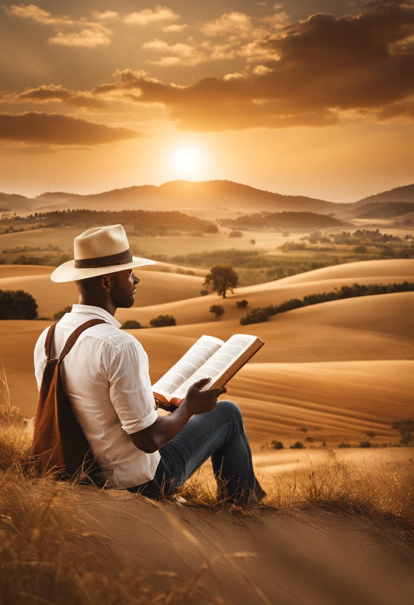 Create an impactful illustration that symbolizes the importance of reading the Bible. Use a man with the Bible in his hands in front of a beautiful farm, with abundant plantations, um lago e o sol brilhando. On the other side make a man mannrantejando in the desert with skulls on his side and a snake biting his foot. ((ultra detalhado)), ((alta qualidade)), ((hyper realistic)) (tamanho 1280px por 720px)