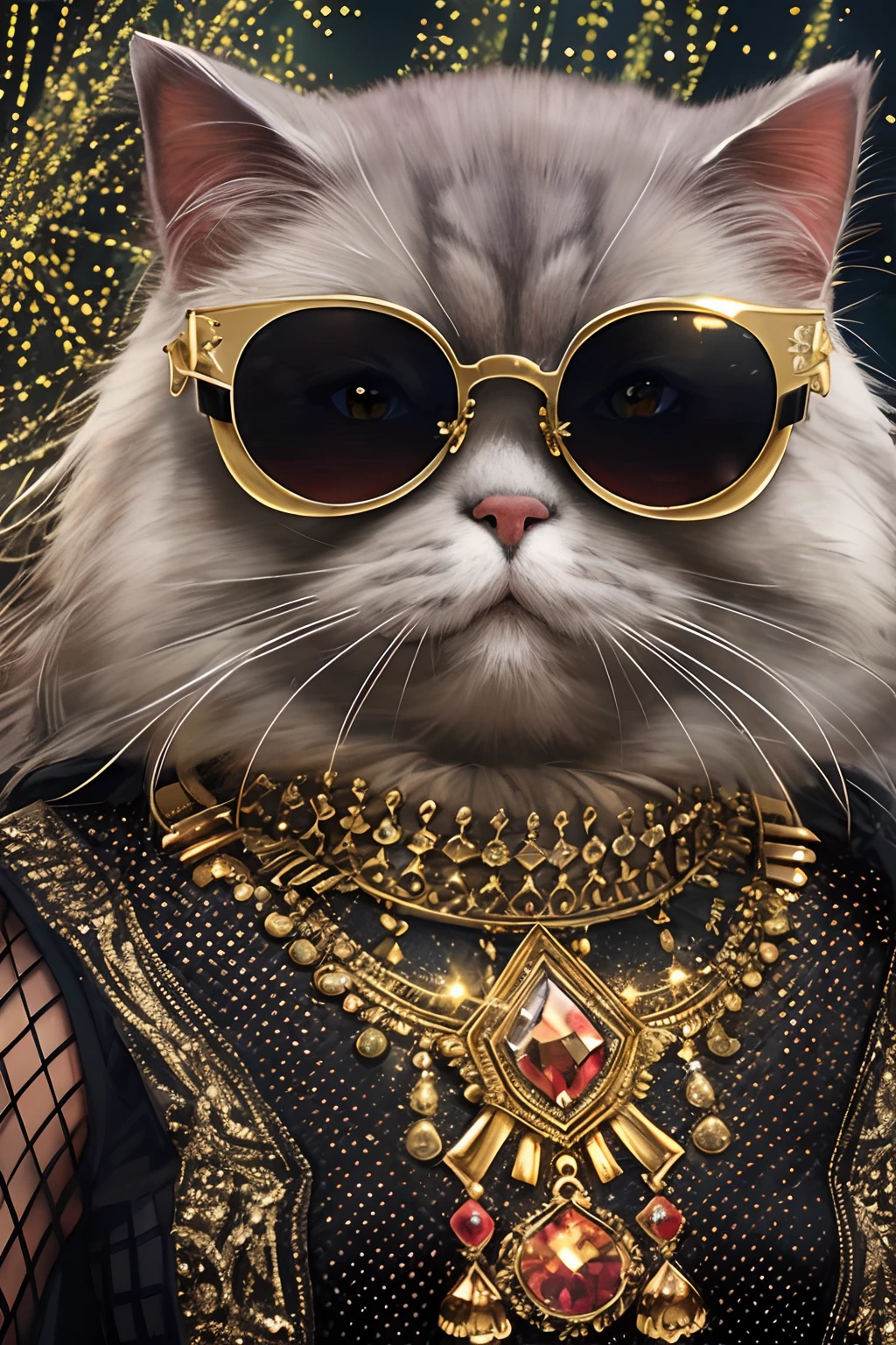 FashionMagCover,Anthropomorphic Persian cat, Fashion Persian cat, Dressed in a sparkling black uniform encrusted with precious stones,Slim figure, Gold accents,Glamour, stage lighting,Take photos at concerts, Inky sunglasses,rock star,Sparkling jewelry adorns Persian cats,8K, High quality, Masterpiece, Best quality, k hd, Extremely detailed, voluminetric lighting, Photorealistic