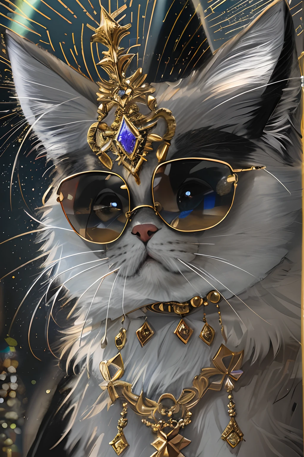 FashionMagCover,Anthropomorphic Persian cat, Fashion Persian cat, Dressed in a sparkling black uniform encrusted with precious stones,Slim figure, Gold accents,Glamour, stage lighting,Take photos at concerts, Inky sunglasses,rock star,Sparkling jewelry adorns Persian cats,8K, High quality, Masterpiece, Best quality, k hd, Extremely detailed, voluminetric lighting, Photorealistic