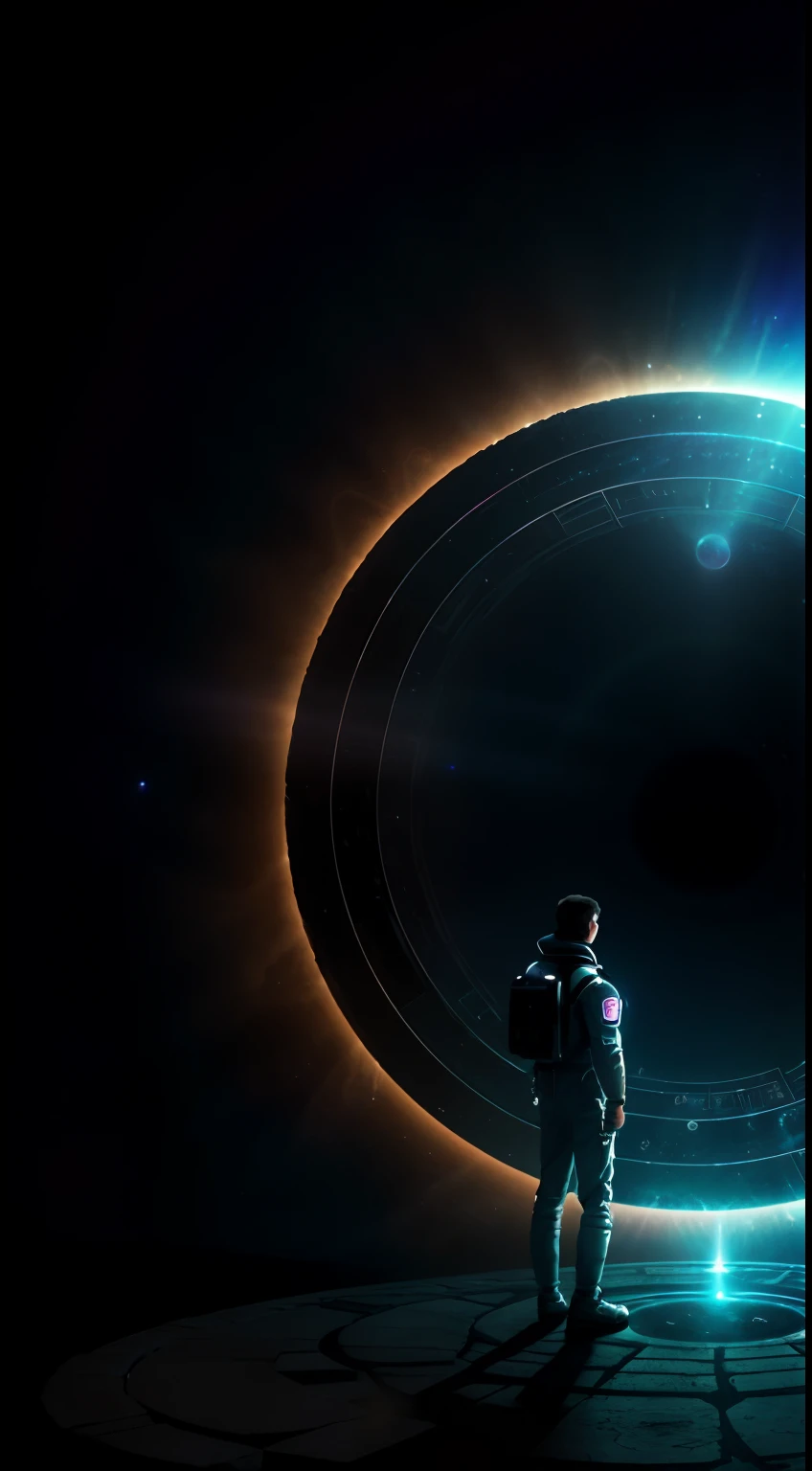 person, standing in front of a space portal overlooking the sun,, mistic，gateway to another universe, gateway to another dimension, world, visible only through the portal, High quality fantasy stock photo, portal to another world, portal to outer space，Looking into space, Universe, Magical Galactic Portal, The Cycle of the Stars, God，A sense of mystery