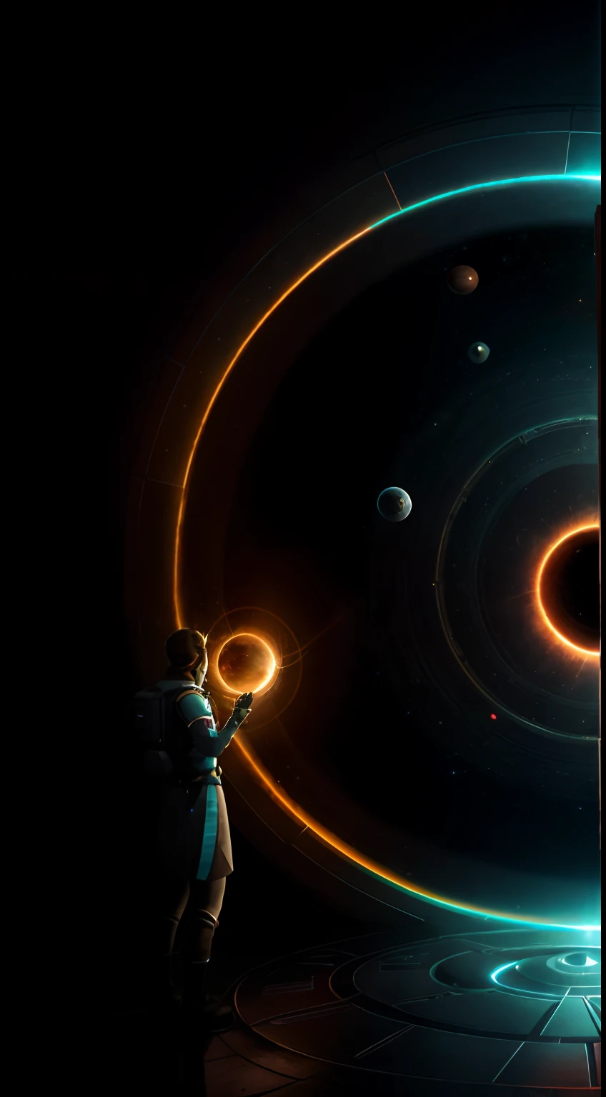 person, standing in front of a space portal overlooking the sun,, mistic,gateway to another universe, gateway to another dimension, world, visible only through the portal, High quality fantasy stock photo, portal to another world, portal to outer space,Looking into space, Universe, Magical Galactic Portal, The Cycle of the Stars, God,A sense of mystery