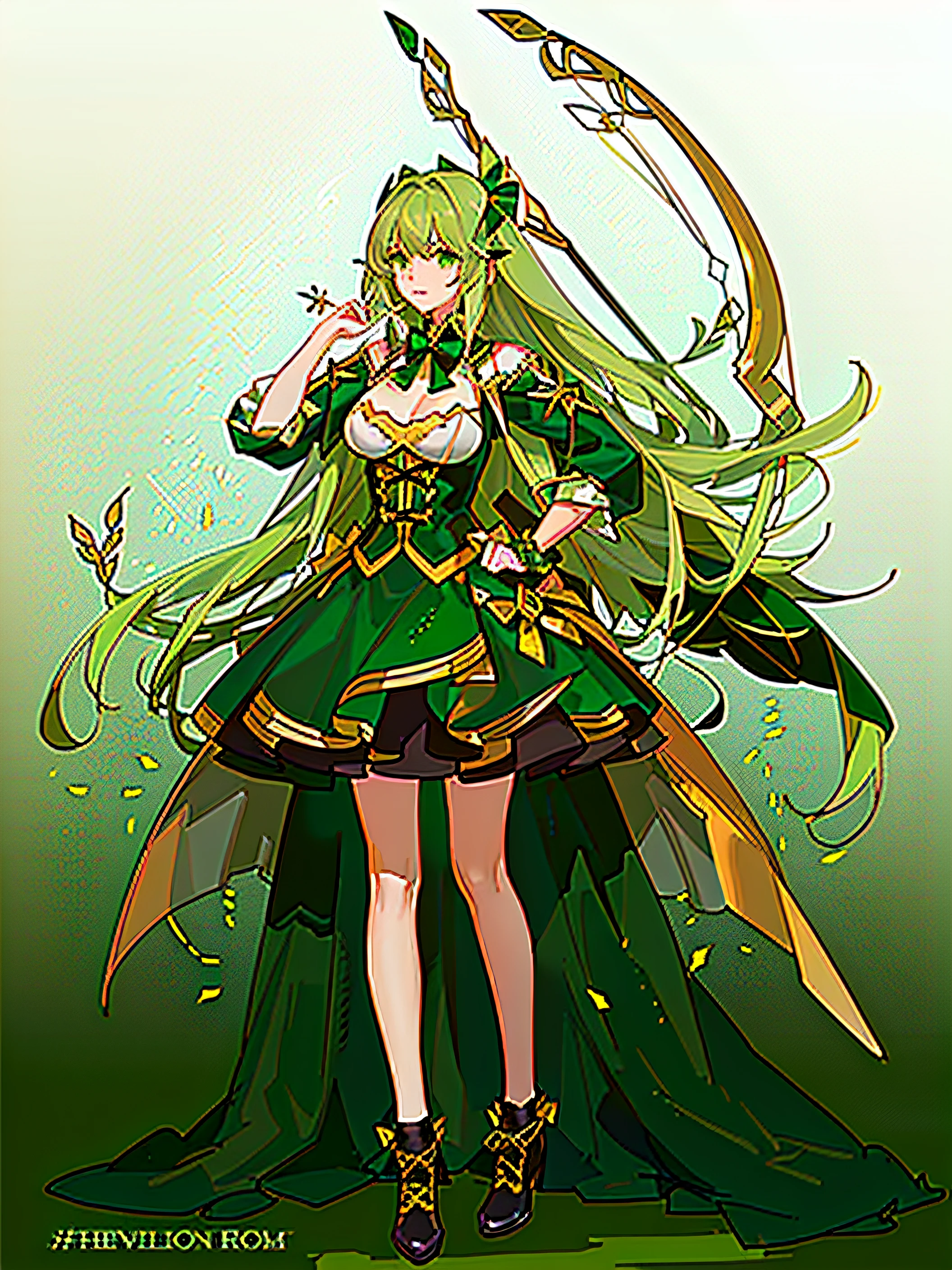 anime big breast/Green girl with long hair/Green short gorgeous cropped gauze dress/Golden eyes/handsome/standing on your feet/Hold a green bow and arrow