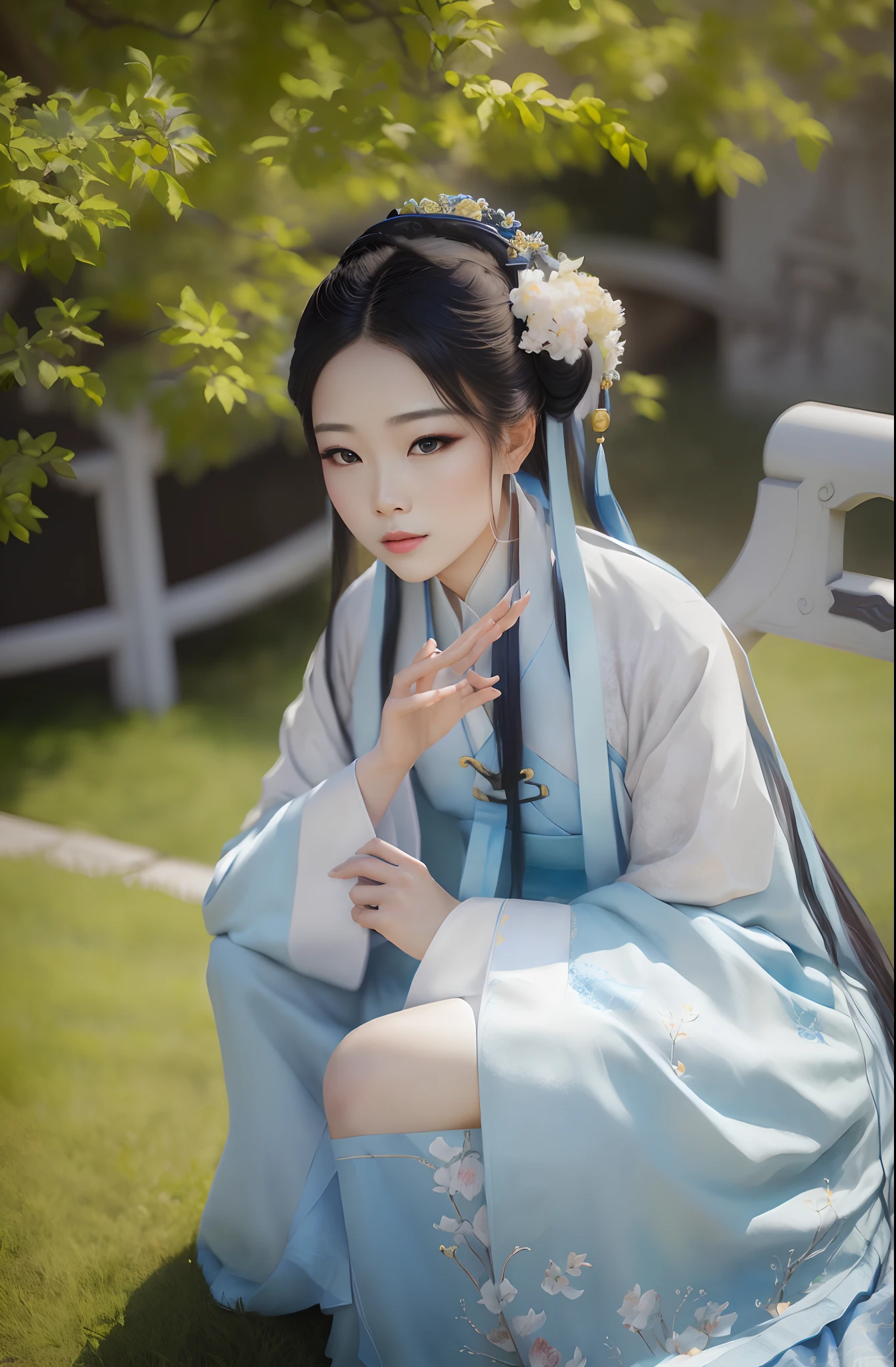 Woman in blue dress sitting on a park bench, Palace , A girl in Hanfu, White Hanfu, Hanfu, Wearing ancient Chinese clothes, with acient chinese clothes, Traditional Chinese clothing, Chinese costume, dressed with long fluent clothes, portrait shooting, Chinese traditional, Traditional beauty, full-body xianxia, Chinese style, Chinese girl