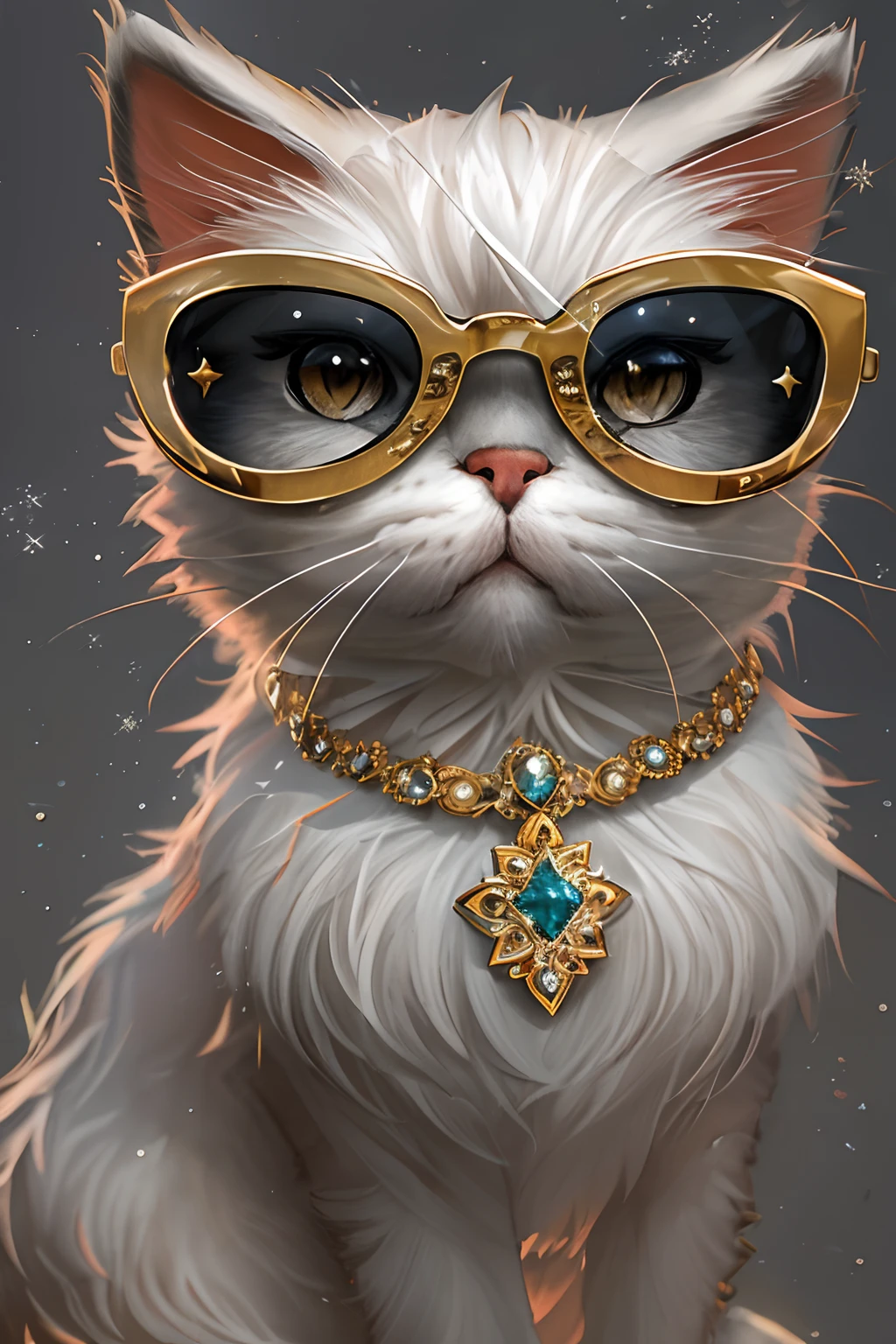 FashionMagCover,Anthropomorphic Persian cat, Fashion Persian cat, Dressed in a sparkling black uniform encrusted with precious stones,Slim figure, Gold accents,Glamour, stage lighting,Take photos at concerts, Inky sunglasses,rock star,Sparkling jewelry adorns Persian cats,8K, High quality, Masterpiece, Best quality, k hd, Extremely detailed, voluminetric lighting, Photorealistic