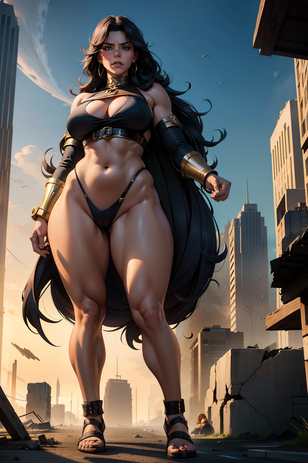 a giantess,(s girl),large tall,(((strong))),(((musculature))),((Bigchest)),big feet,Raised sexy,road,The villain escapes,((Destruction of cities)),crowd of