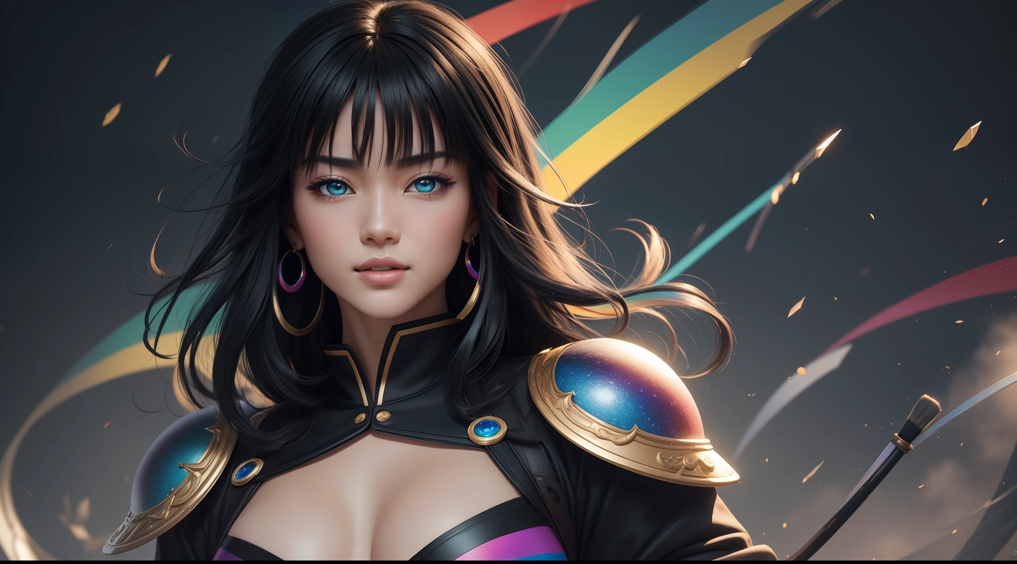 "20 years old cheerful Fubuki is a real masterpiece with feminine beauty, perfect anatomy. Olpntng style, colorful rainbow, black samurai outfit, clean design, epic Instagram, artstation, full full of color paint streaks, circles, contours When you look at her Beautiful eyes you will clearly see every little detail and perfect lines, every detail on the skin is beautiful in 8K quality. Mesmerized by the confidence that radiates from every glance. His head has black hair and his face has been meticulously painted in every detail with 8K image quality."