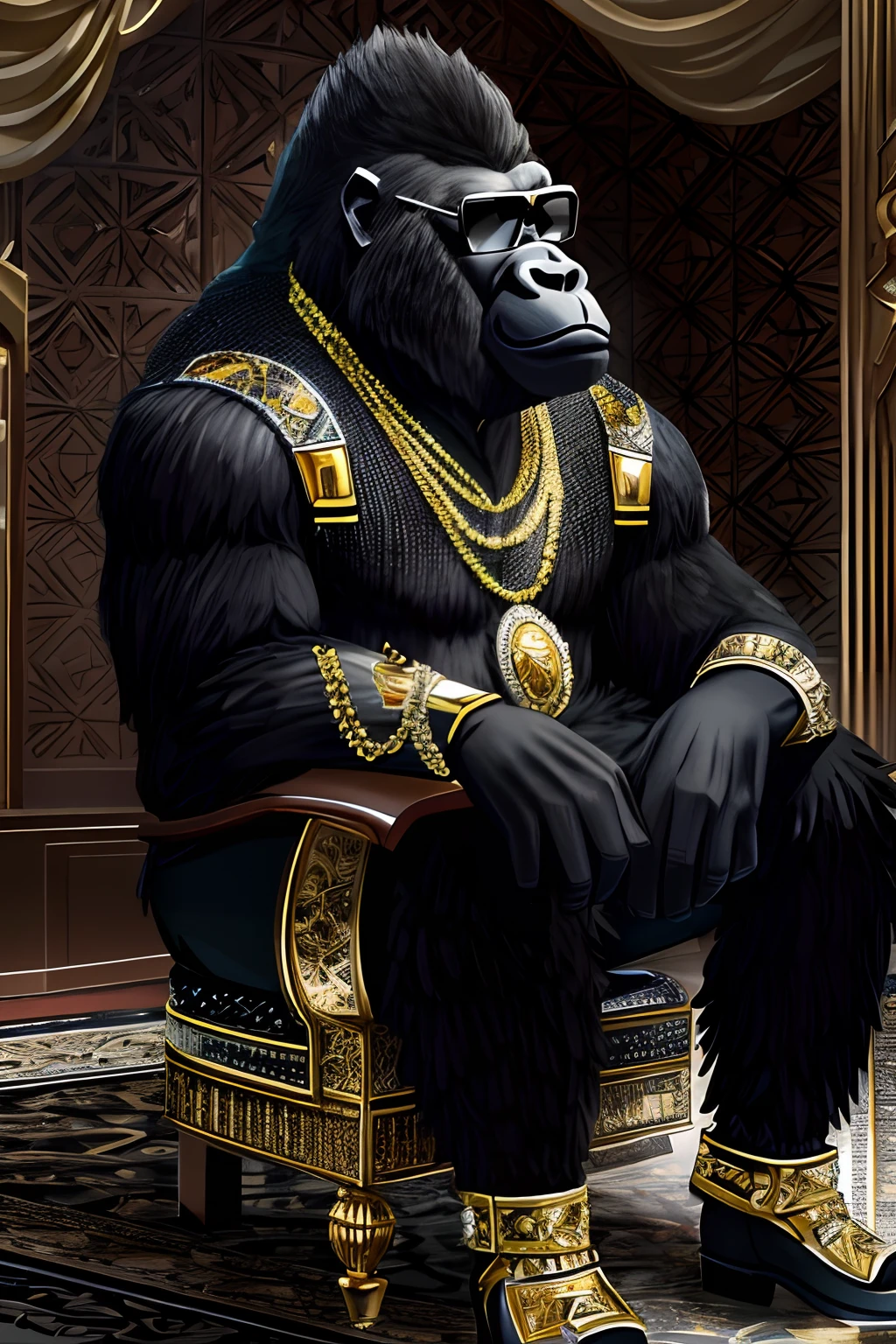 FashionMagCover，Anthropomorphic gorilla, Fashion gorilla, Dressed in a sparkling black uniform encrusted with precious stones, Gold accents，Glamour, stage lighting，Take photos at concerts, Inky sunglasses,rock star，Sparkling jewelry adorns the gorilla，8K, High quality, Masterpiece, Best quality, k hd, Extremely detailed, voluminetric lighting, Photorealistic