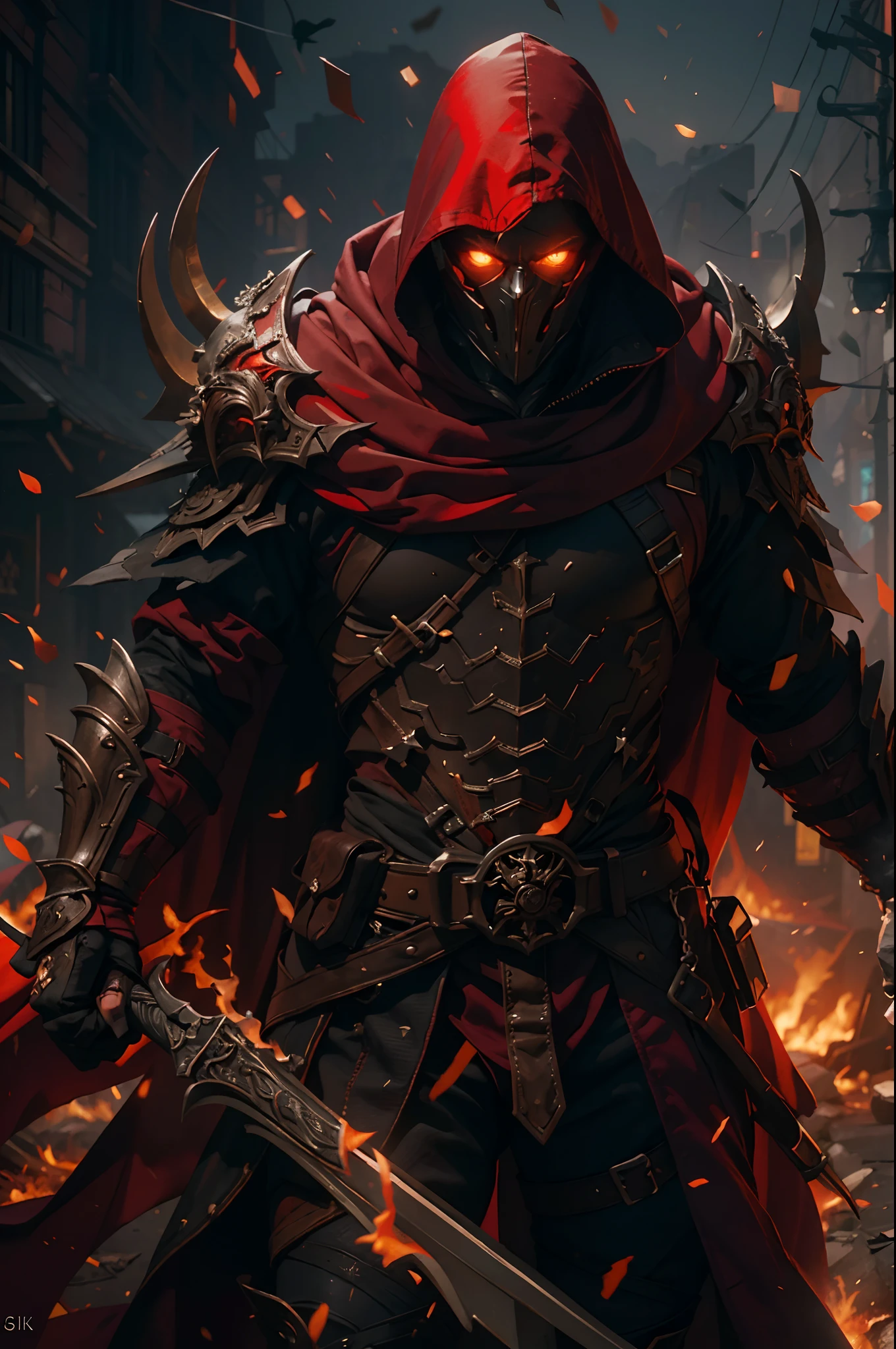 (ultra-detailed CG unity 8k wallpaper, masterpiece, best quality, depth of field, HDR, intricate), tall sinister dark killer wearing a metal mask with bright red eyes of dark and light armor with a discreet red cape behind with sharp daggers in his arms walking in a burning village, (intricate: 1.4) (masterpiece: 1.4) (illustration: 1.4), red studio lighting, post-processing, 8k resolution, dark background, imposing, meticulously composed photos, impressive, dark fantasy (by Greg Rutkowski: 1.2), (by daarken: 1.5)