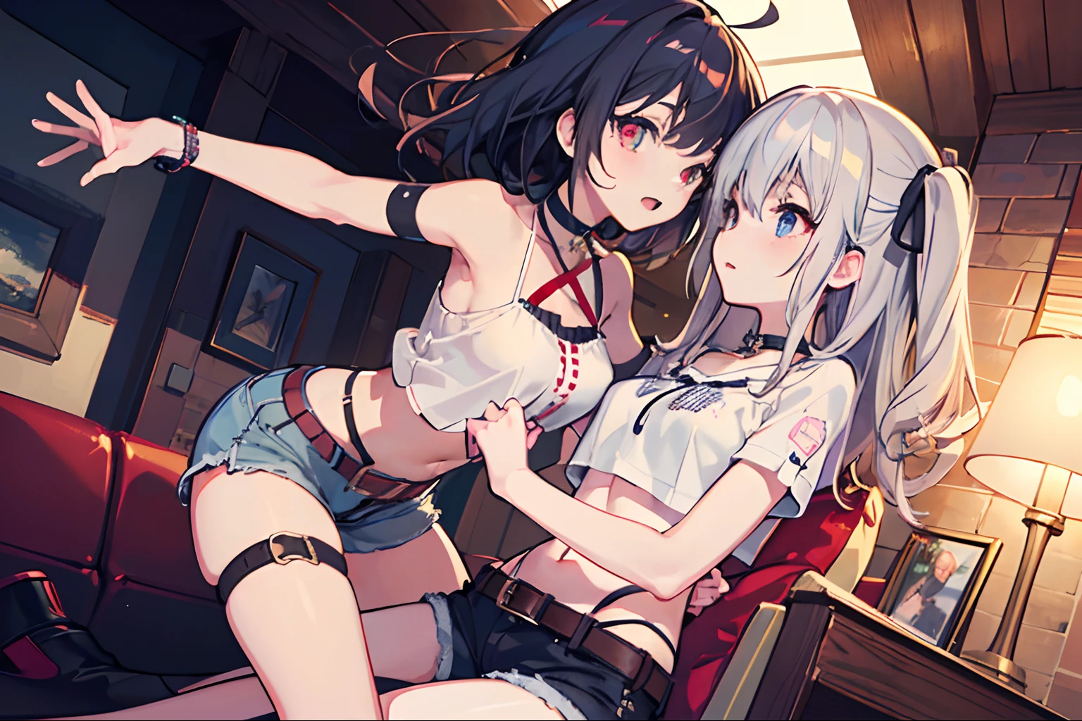,twins, Masterpiece,Best quality,offcial art,Extremely detailed Cg Unity 8K wallpaper, 2girls, cute female child, Yuri, hair adornments, Short shorts, Crop top, ribbon_choker necklace, leg belt,