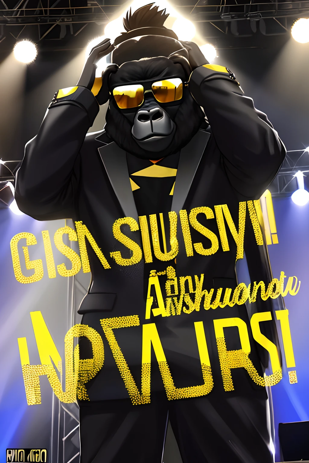FashionMagCover，Anthropomorphic gorillas, Fashion gorilla, Dressed in a gleaming black uniform, Gold accents，Glamour, stage lighting，Take photos at concerts, Inky sunglasses,Rock Star 8K's, High quality, Masterpiece, Best quality, k hd, Extremely detailed, voluminetric lighting, Photorealistic