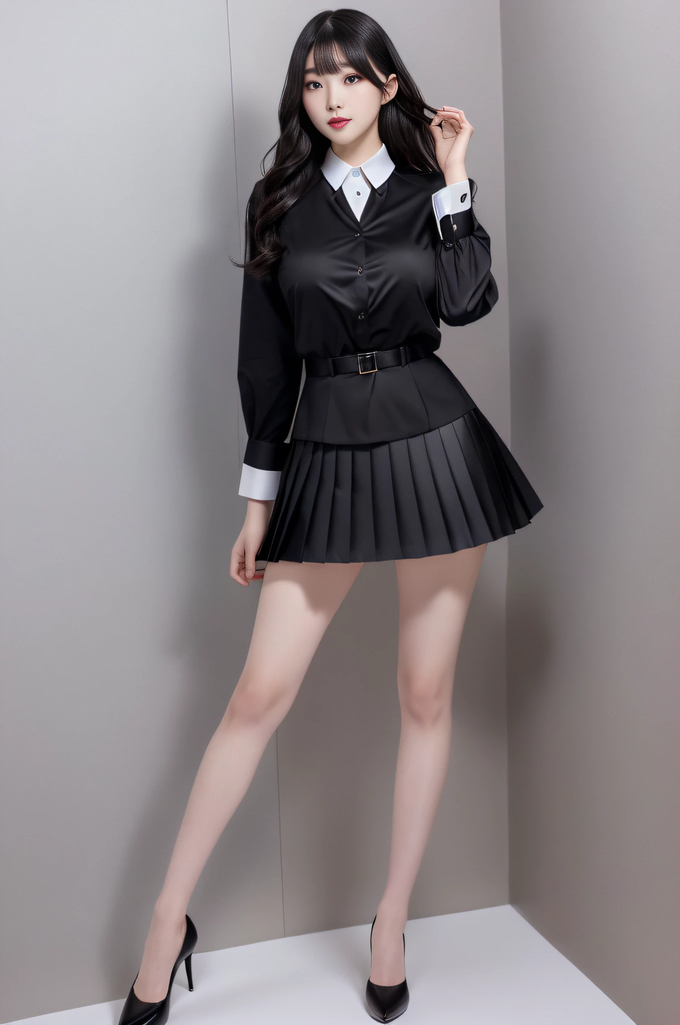 Charming beauties、Officelady、frill shirt、Black pleated skirt、black pantyhose、Long curls、charming oval face、二重まぶた、Clear eyes、Beautiful thin legs、toned ankles、The ultra -The high-definition、The ultra-detailliert、Elegant standing figure、Create a slender lower body curve、Expressing adult femininity、top-quality、8K、ultra-detailliert、soio、9 head body、Night、Move ki、The Darkness、seductiv、brainwashed、Evil Fall、wicked、darkness