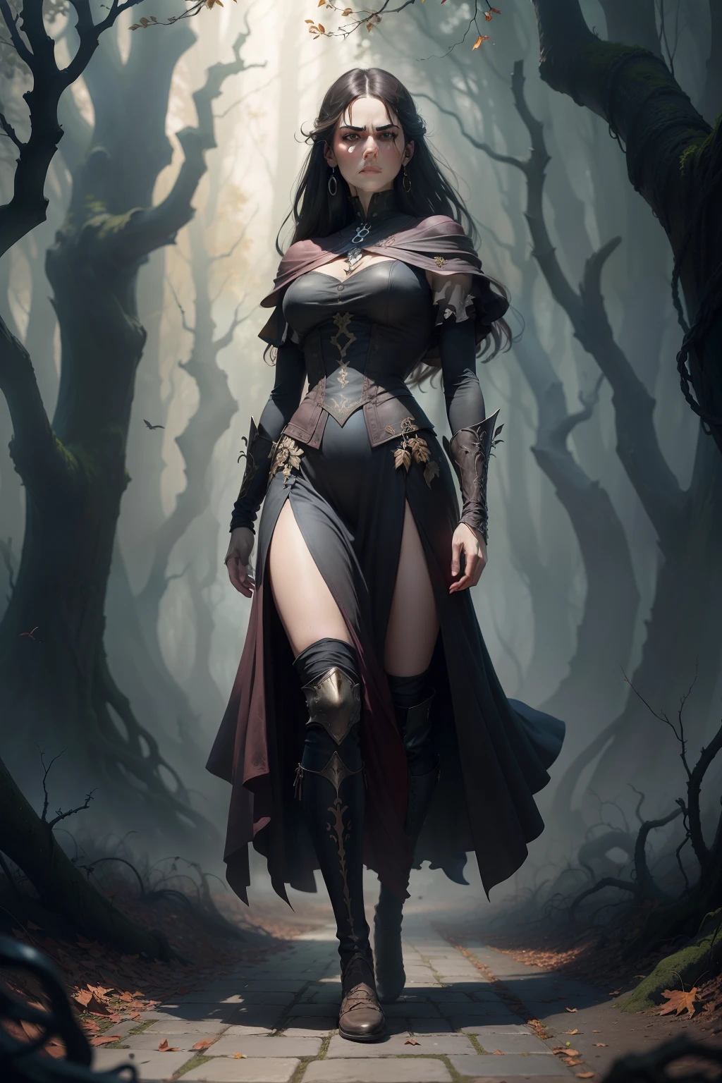 An image of a mean, angry woman, with arms crossed, blocking a pathway with branches, background is dark autumn sky, mood is hindering, obstruction, obscuring discord, digital art, hyper realistic, 8k, unreal engine, character design, art by Peter Paul Rubens, Anne Stokes, Blaz Porenta, Zdzislaw Beksinski, Marc Simonetti, Gerald Brom.