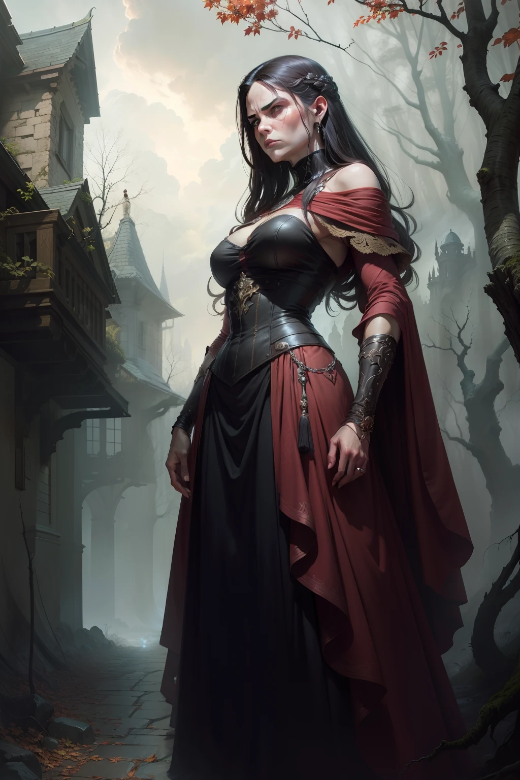 An image of a mean, angry woman, with arms crossed, blocking a pathway with branches, background is dark autumn sky, mood is hindering, obstruction, obscuring discord, digital art, hyper realistic, 8k, unreal engine, character design, art by Peter Paul Rubens, Anne Stokes, Blaz Porenta, Zdzislaw Beksinski, Marc Simonetti, Gerald Brom.