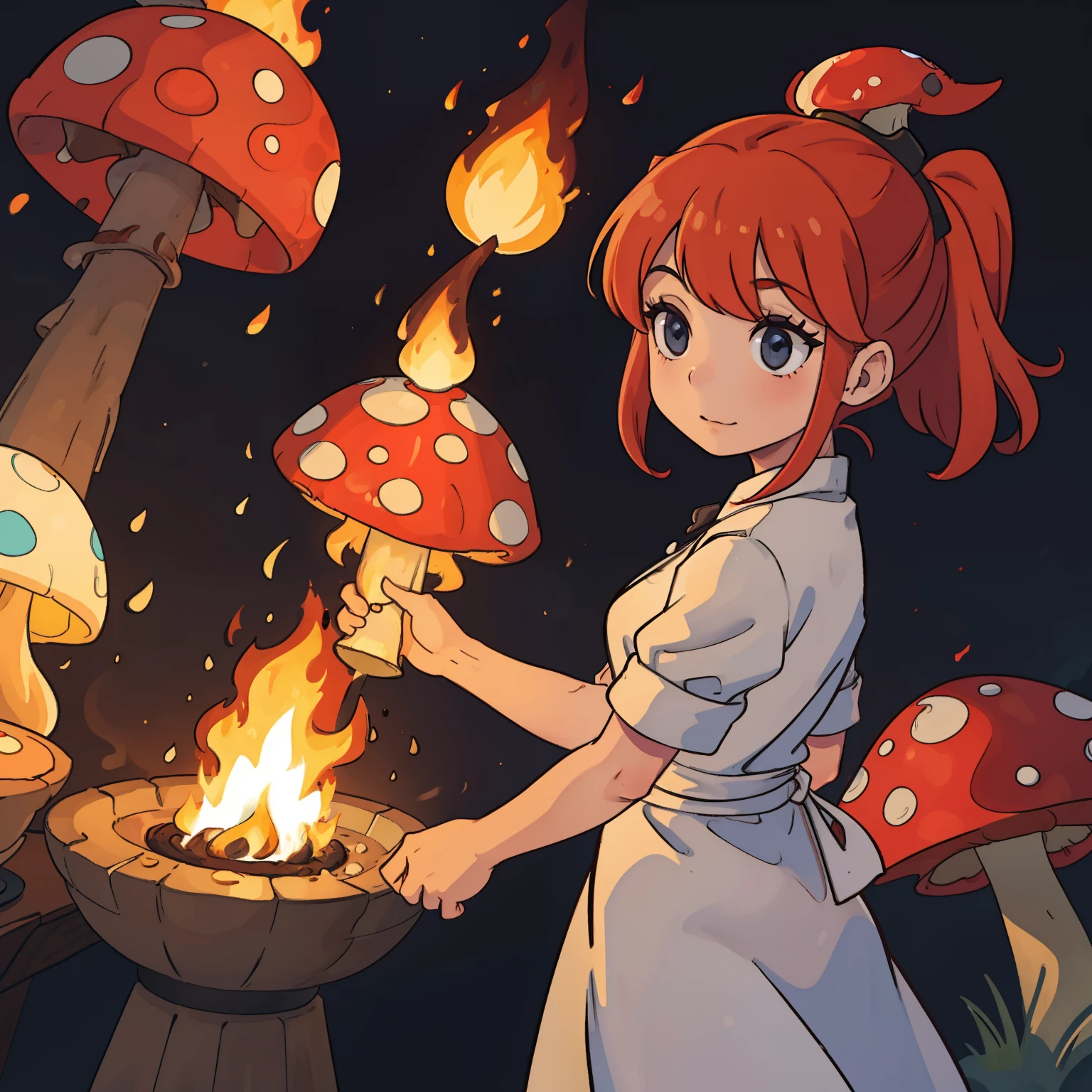 A cheff woman putting fire in a big mushroom