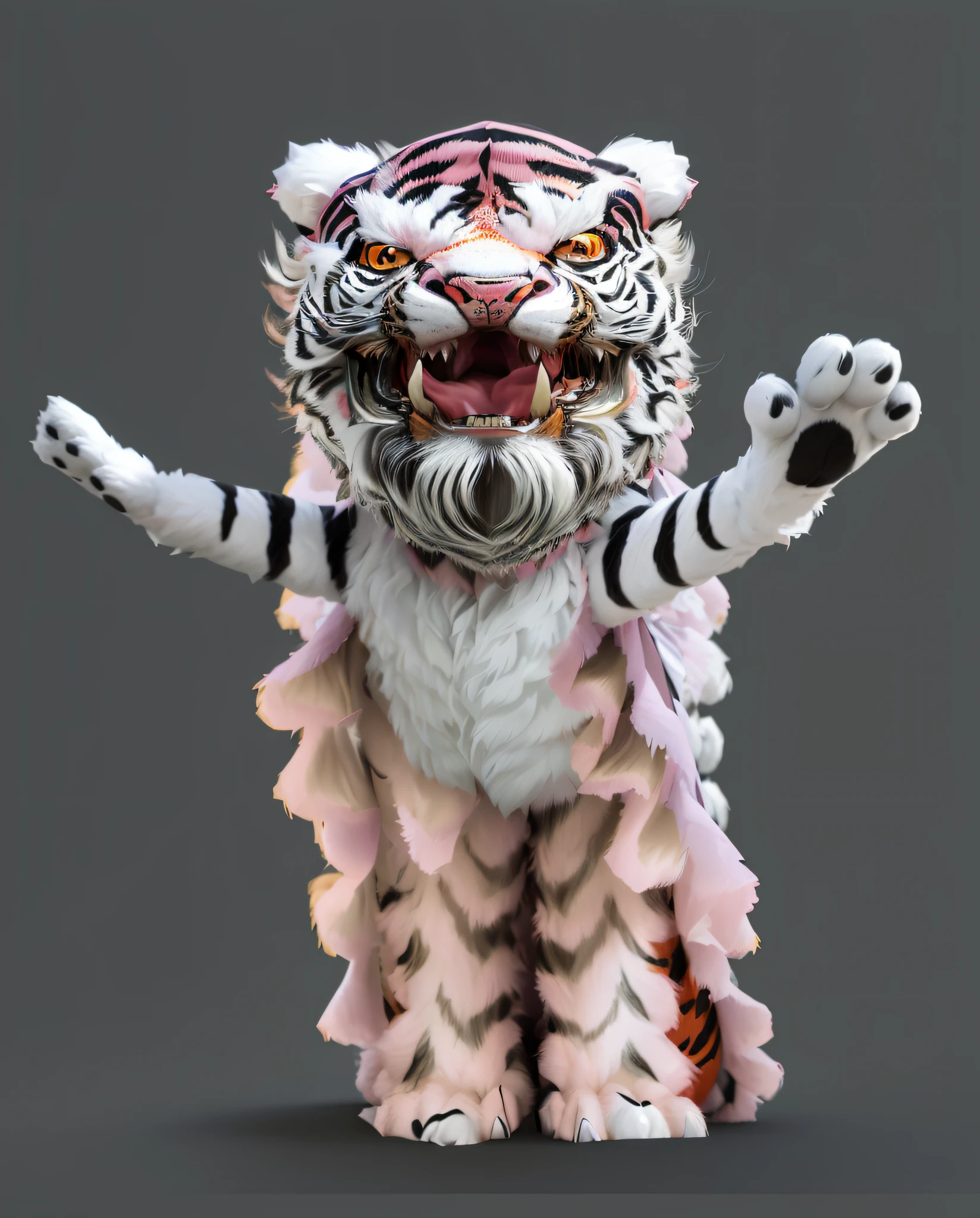 Arafeld Tiger，Wearing pink and white dresses，Wearing a black and white hat, 3D model of a Japanese mascot, Anthropomorphic tiger, japanese mascot, full body mascot, inspired by Li Kan, Tiger_beast, Tiger, tony the tiger, sacred tiger, one tiger, depicted as a 3 d render, tiger - crab creature