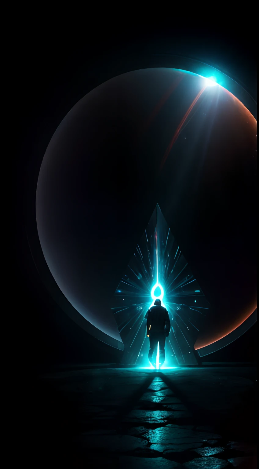 person, standing in front of a space portal overlooking the sun,, mistic，gateway to another universe, gateway to another dimension, world, visible only through the portal, High quality fantasy stock photo, portal to another world, portal to outer space，Looking into space, Universe, Magical Galactic Portal, The Cycle of the Stars, God，A sense of mystery