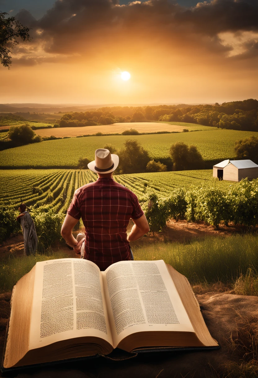 Create an impactful illustration that symbolizes the importance of reading the bible. Use a man with the bible in his hands in front of a beautiful farm, with abundant plantations, a lake and the sun shining. ((ultra detailed)), ((high quality)), ((hyper realistic)) (size 1280px by 720px)