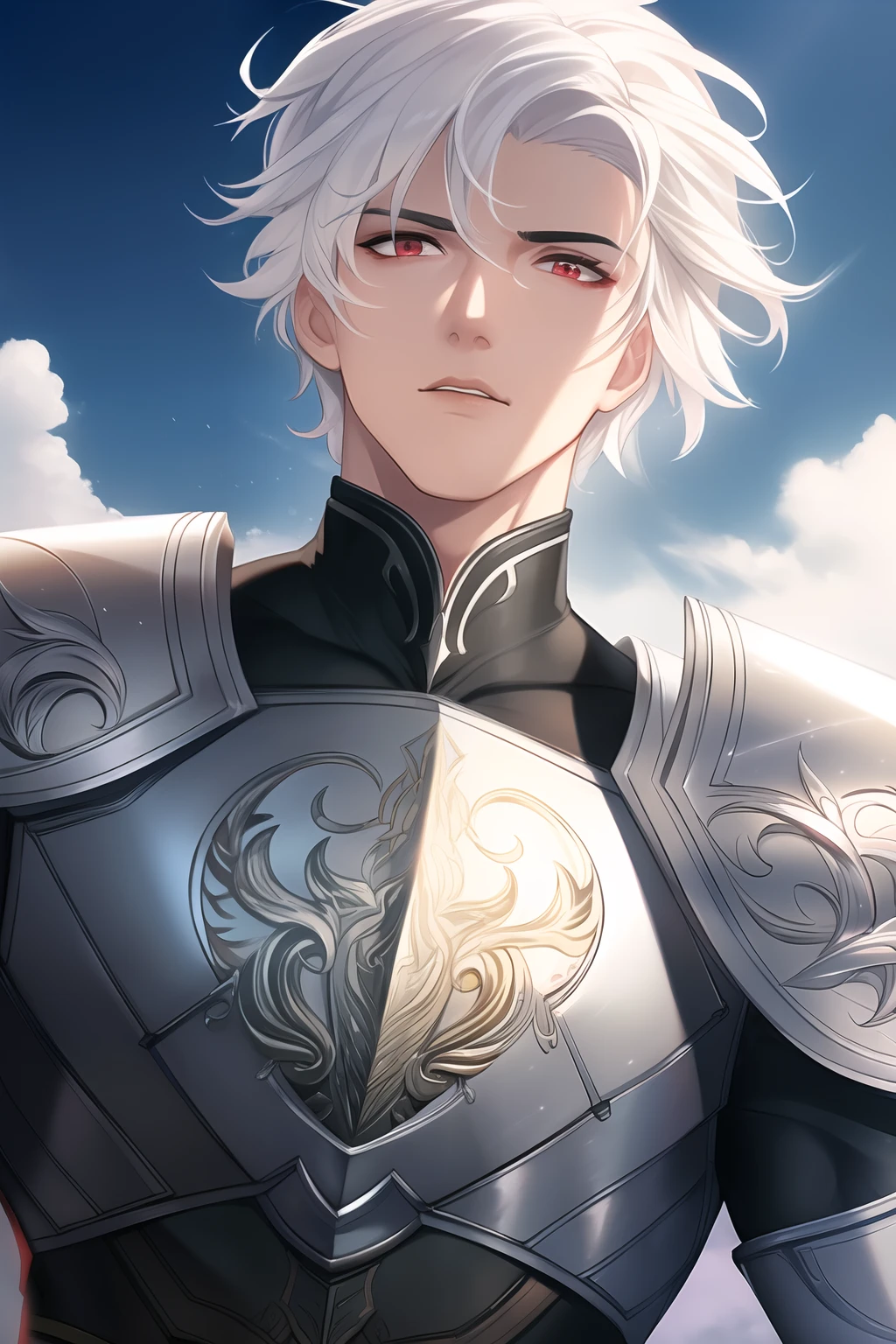 (Best Quality, Masterpiece), (1boy), (handsome face), (strong jaw), (white hair:1.4), (wavy very short hair), (red eyes:1.4), (stoic face), (muscular body), (wearing thin white and black armor:1.4), outdoors, (fantasy cityscape), (clear sky during the day), intricate details, ultra detailed, (best ilumination:1.4), (detailed eyes), lips, glowing eyes, detailed background, volume light, sunshine, cinematical light, perfecteyes,
