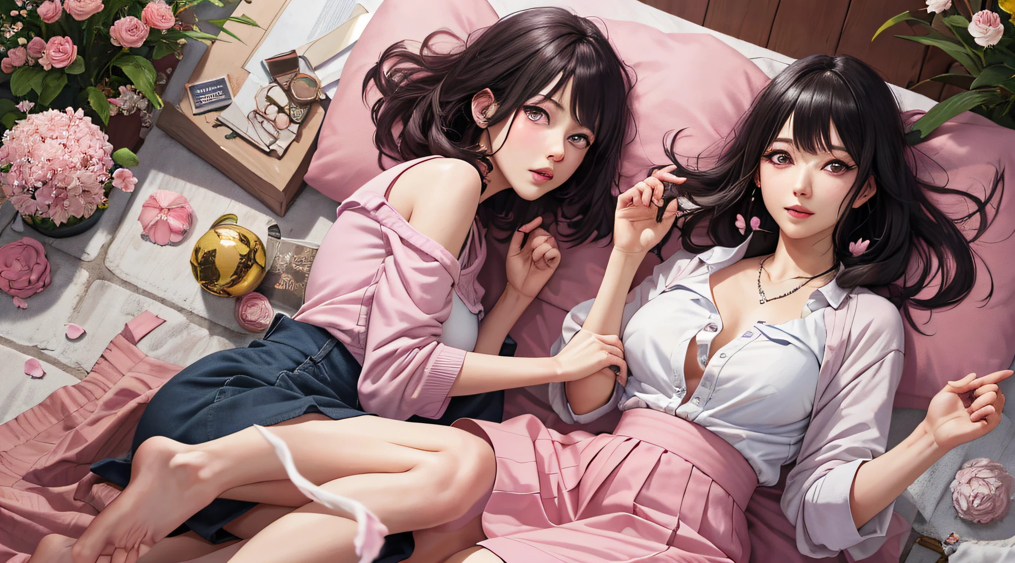 Masterpiece, absurderes, Hinata Hinata\(Boruto\), 1girll, Solo,Mature female, Just bring it well, high waisted short skirt, view the viewer, (Falling petals), Perfectcomposition, Detailed lips, big breast, Beautiful face, body propotion, Blush, (Pink lips), cabelos preto e longos, Purple eyes, Soft gaze, Super realistic, Detailed, photoshoot, Realistick faces and bodies,komono