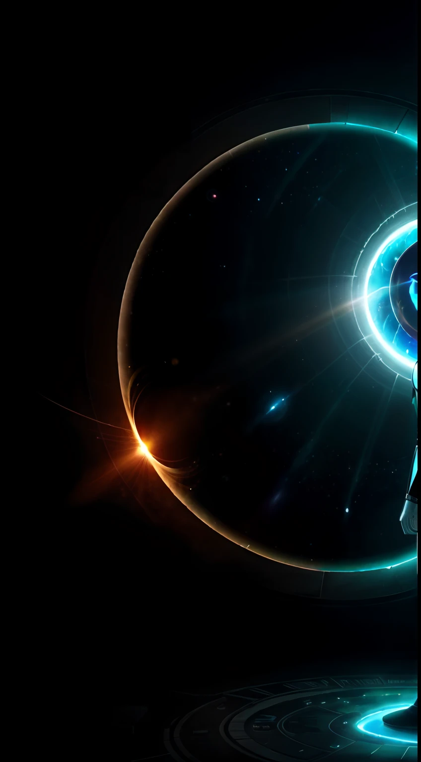 person, standing in front of a space portal overlooking the sun,, mistic,gateway to another universe, gateway to another dimension, world, visible only through the portal, High quality fantasy stock photo, portal to another world, portal to outer space,Looking into space, Universe, Magical Galactic Portal, The Cycle of the Stars, God,A sense of mystery
