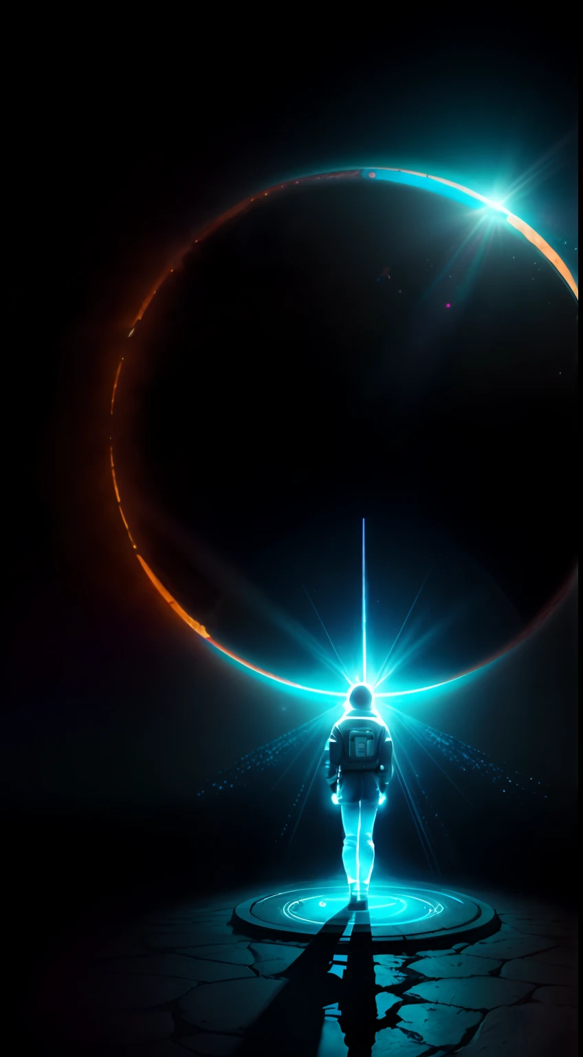 person, standing in front of a space portal overlooking the sun,, mistic，gateway to another universe, gateway to another dimension, world, visible only through the portal, High quality fantasy stock photo, portal to another world, portal to outer space，Looking into space, Universe, Magical Galactic Portal, The Cycle of the Stars, God，A sense of mystery