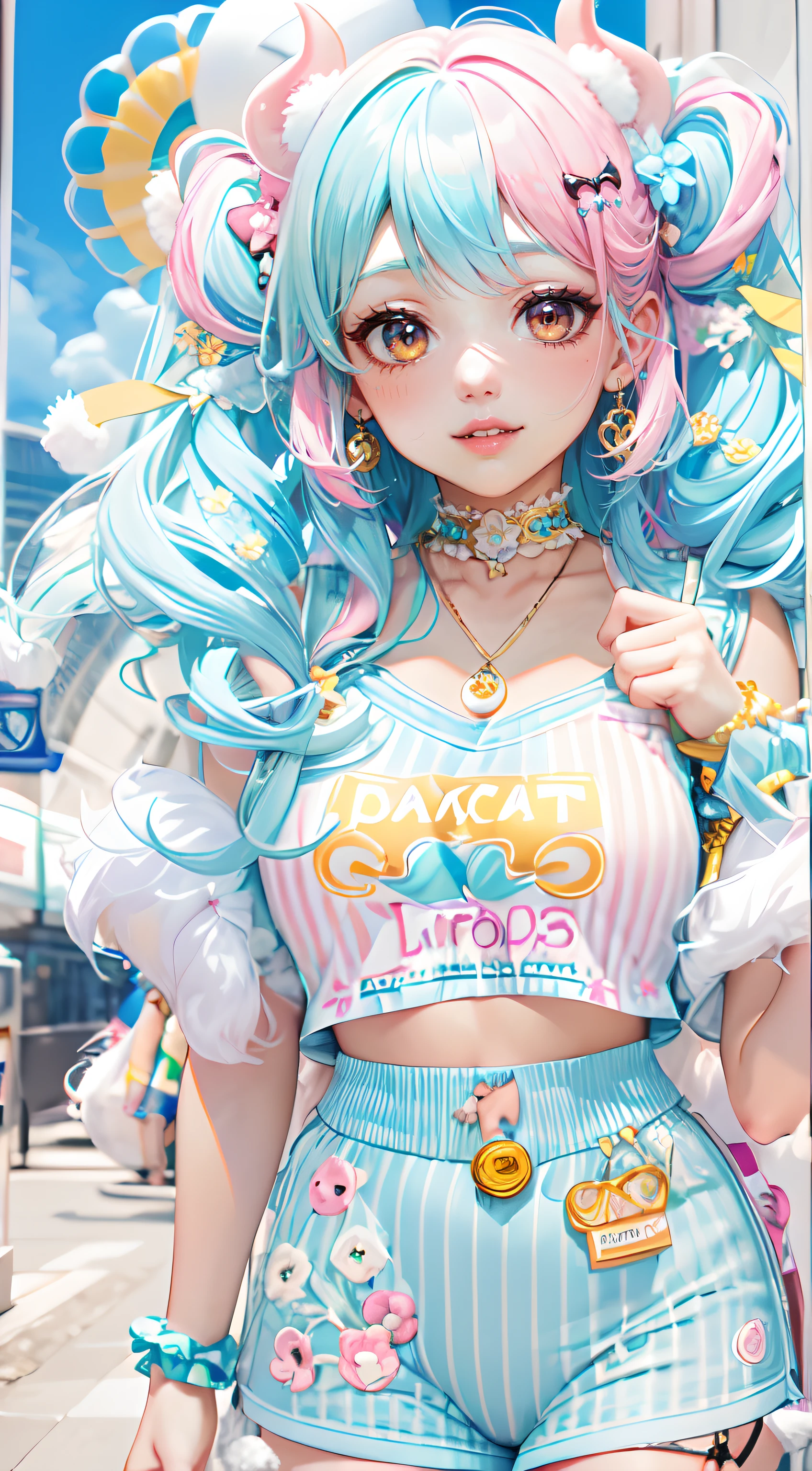 "kawaii, cute, adorable woman with pink, yellow, and baby blue color scheme. She is dressed in sky-themed clothes made out of clouds and sky motifs. Her outfit is fluffy and soft, with decora accessories like hairclips. She embodies the vibrant and trendy Harajuku fashion style." White hair, red eyes, horns, demon wings, big boobs,big ass, big lips, juicy lips, huge hair, smile