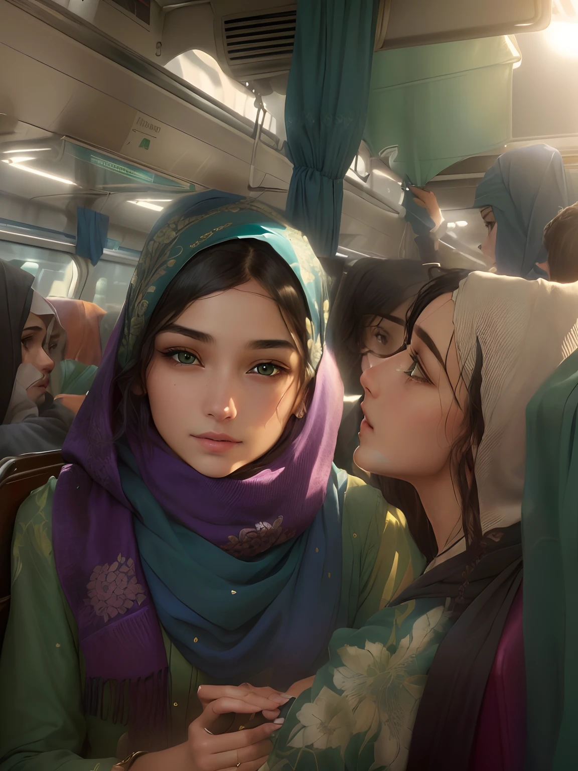 there is a woman sitting on a green couch with a blue scarf, student, she has a distant expression, handsome girl, beautiful gorgeous, sat down in train aile, faridah malik, beautiful girl, with lovely look, innocent face, beautiful lady, very beautiful girl, beautiful female, hannah yata, very clear picture, perfect expression, during sunrise