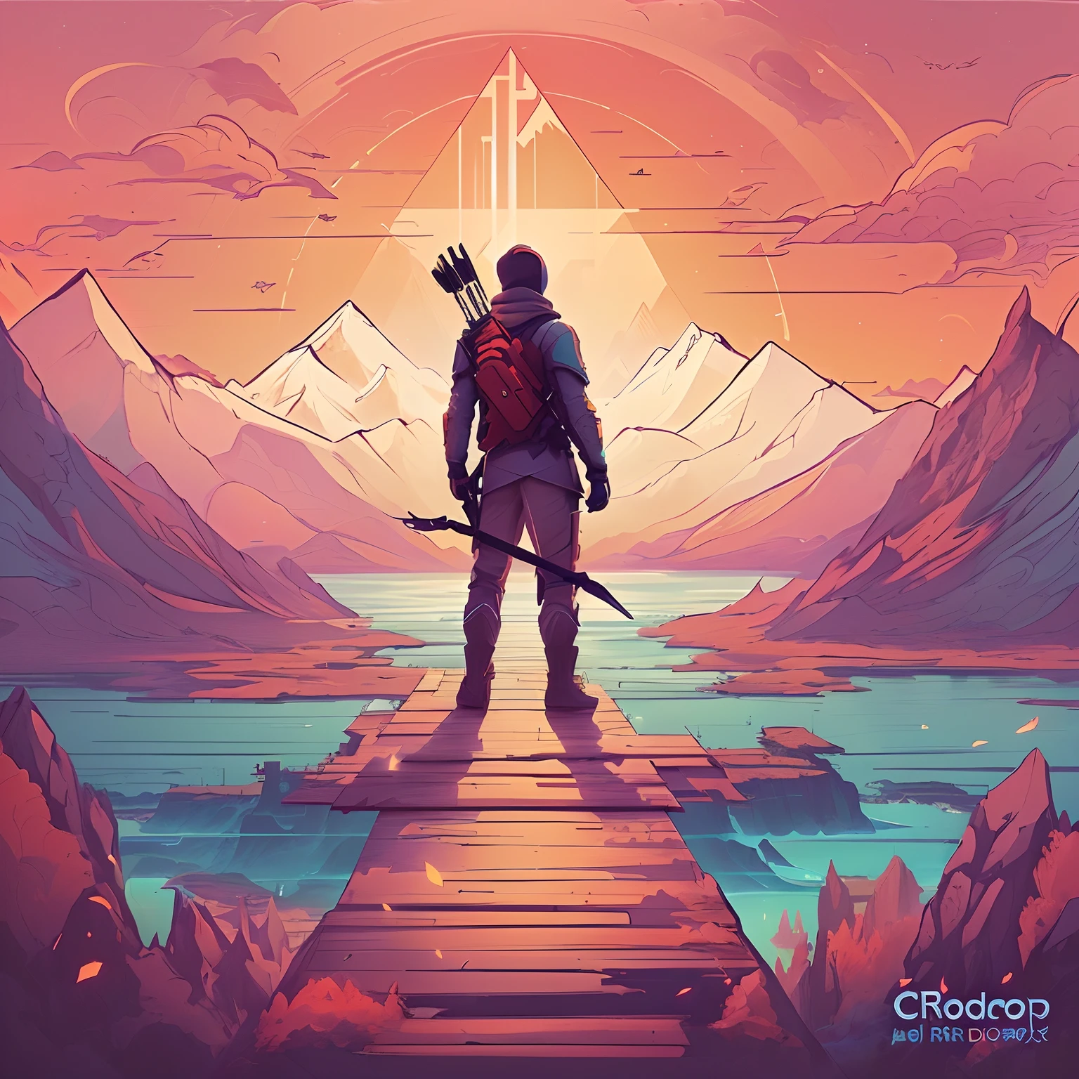 archer standing on a bridge overlooking a mountain lake, inspired by Cyril Rolando, inspired by Christopher Balaskas, in style of cyril rolando, epic digital art illustration, epic fantasy digital art style, 2 d low polygon art, inspired by Alena Aenami, by Alena Aenami, anton fadeev and dan mumford, flat 2 d vector art