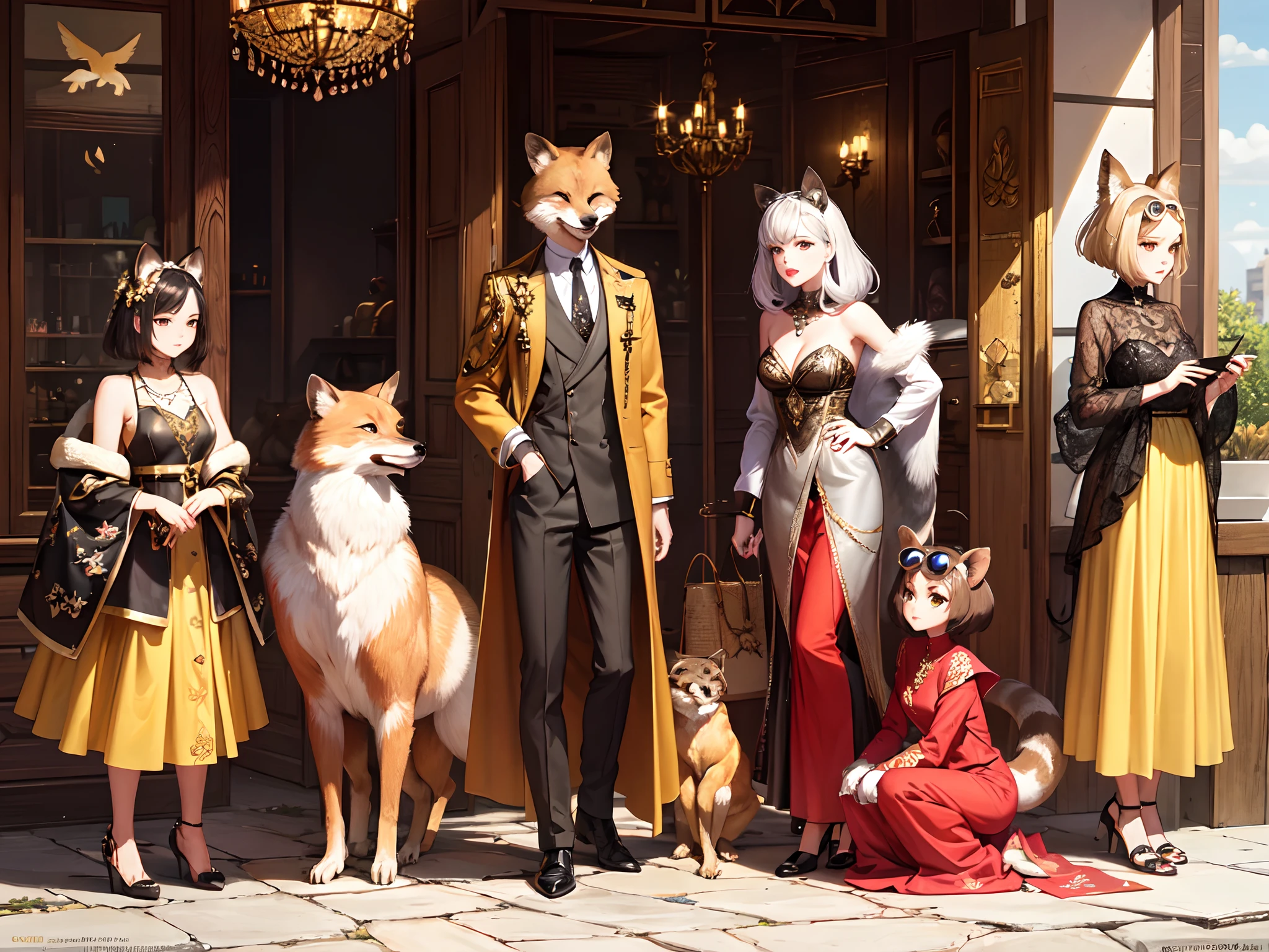 Fashion animals,Pedras preciosas, protective goggles, gold, Jewelry has no one,critters,Multiple animals,Wear clothes,critters,catss,doggy,monkeys,red fox,edgBunny,The bird