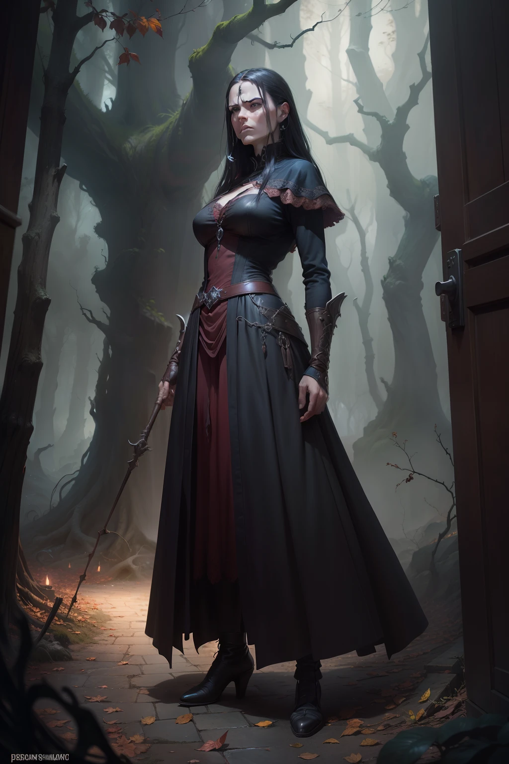 An image of a mean, angry woman, blocking a pathway with branches, with arms crossed, background is dark autumn sky, mood is hindering, obstruction, obscuring discord, digital art, hyper realistic, 8k, unreal engine, character design, art by Peter Paul Rubens, Anne Stokes, Blaz Porenta, Zdzislaw Beksinski, Marc Simonetti, Gerald Brom.
