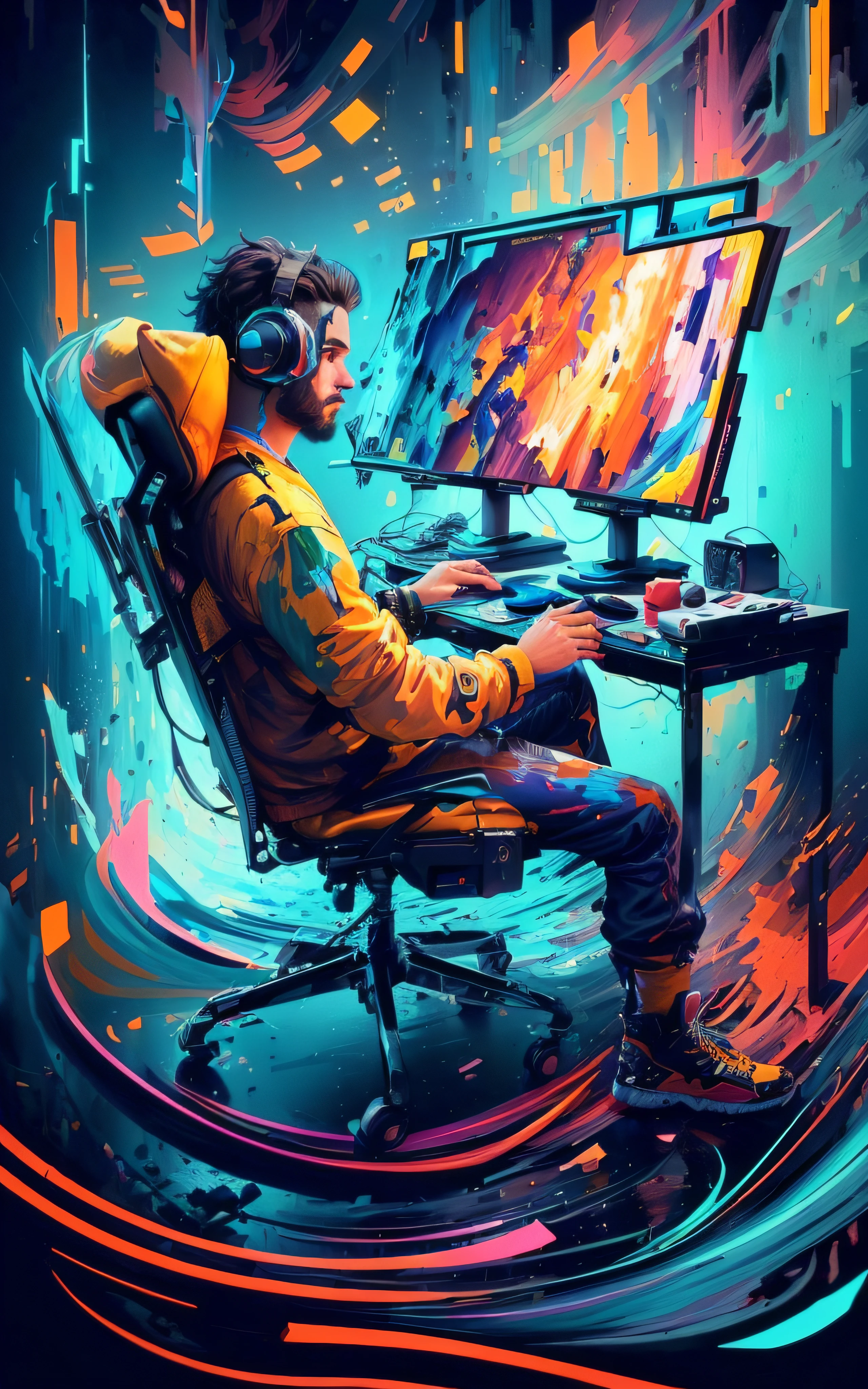 pintura de um homem sentado em uma cadeira com fones de ouvido ligados, arte de jogos de computador, estilo de arte digital, arte digital 4k, Arte Digital 4K, arte digital de videogame, pintura digital colorida, estilo de arte impressionante, Arte Digital Widescreen 8K, epic art style, pintura digital vibrante, Arte Digital 4K, arte digital colorida, Arte digital detalhada em 4k