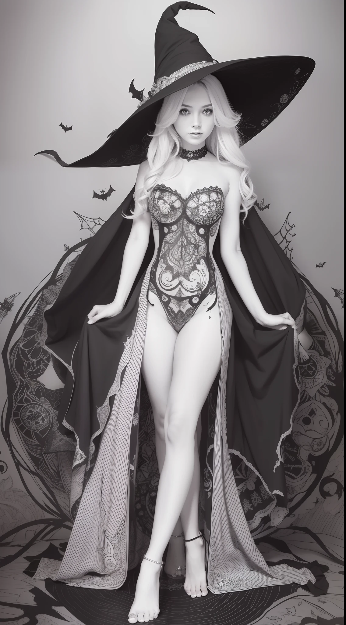 Sorceress woman with porcelain skin, She is of thin and apparently tall build, her breasts are large in size. Her outfit consists mainly of a blouse that starts at her neck and ends just above her navel, it is open in the center, leaving free a portion of her chest and a smaller one of her abdomen, it is of a dark color and has decorations of stripes in another light color in the part of the opening, in addition to carrying a kind of hearts on said stripes, the blouse also has a pair of large buttons linked by a chain. She uses a quite revealing skirt, the upper part is at her hip and has the same decoration of stripes and hearts as her blouse, the rest is long in dark color and light stripes on the edges, in addition to leaving both legs exposed as well as much of Irene's hip, on it she carries the emblem of the empire. She uses a long cape that she ties with a bow between her neck and shoulders and that falls to approximately the middle of her legs. She wears what appear to be a pair of thigh-high boots that are dark in color and have a large light stripe on top. On her head she wears a giant dark-colored hat with what appears to be stuffed animal hair on the edge, from which come out a kind of tubes that hang behind her. Her hair is quite long and scarlet in color, it is so long and wide that her hairstyle consists of four braids tied with bows at the bottom, which are quite wide, two that fall in front of her and two that hang down her back, on top of her two front braids she wears a kind of hoops that seem to tighten or hold her hairstyle and her bangs are cut in a semi-straight shape pointing towards her left eye. Her hands are more like dark-colored claws, such as those of a monster. She has a large scar on her abdomen and carries a staff taller than her with engravings that simulate the skin of a leopard.