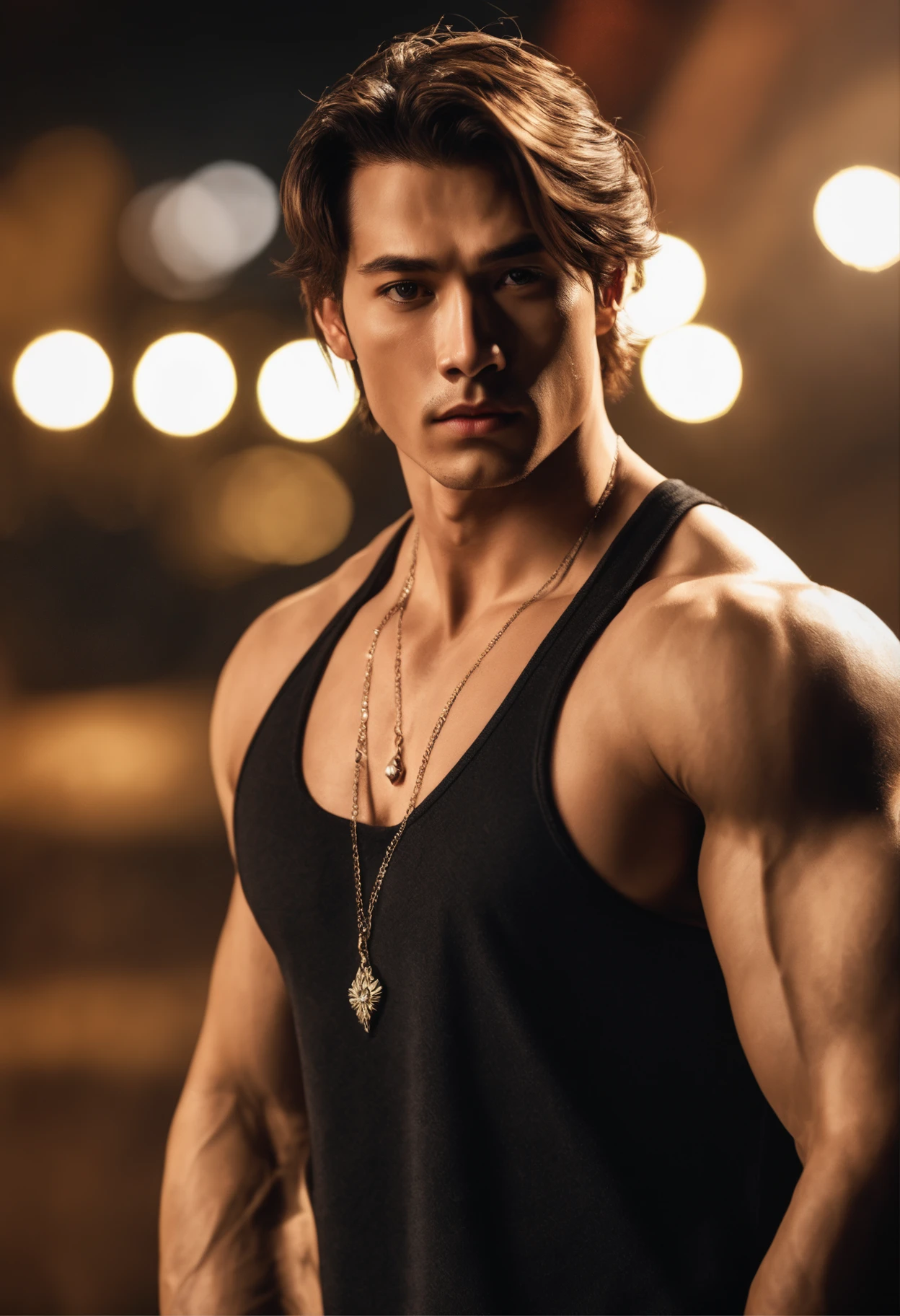 8k, masterpiece, RAW photography, best quality, photorealistic, highly detailed CG unity 8k wallpaper, depth of field, cinematic light, lens flare, ray tracing, (extremely beautiful and charismatic face, beautiful lips, beautiful eyes), intricately detailed face, (ultra detailed skin), 1 man, in nature, in deep shadows, beautiful European male, kpop idol, 1 male, (very strong and muscular body:1.3), (looking at audience), (great determined look) :1.3), (sleeveless), (fashion city night, dark night, neon signs, blurred background), fashion street night, (people in back:1.3), beautiful earrings, bracelets, necklace, pantyhose, clear eyes, walking, (pale skin), (big eyes), face forward, (upper body shot), (a loose clothing:1.3), (brown hair), (bosh clothing, (transparent), (looking at audience:1.3) very strong ,, turning his back, (back shot), transparent, medium-sized hips.