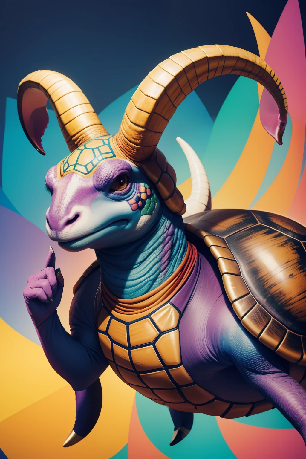 coils，Colorful colors，pecora，Two huge horns，anthropomorphic turtle