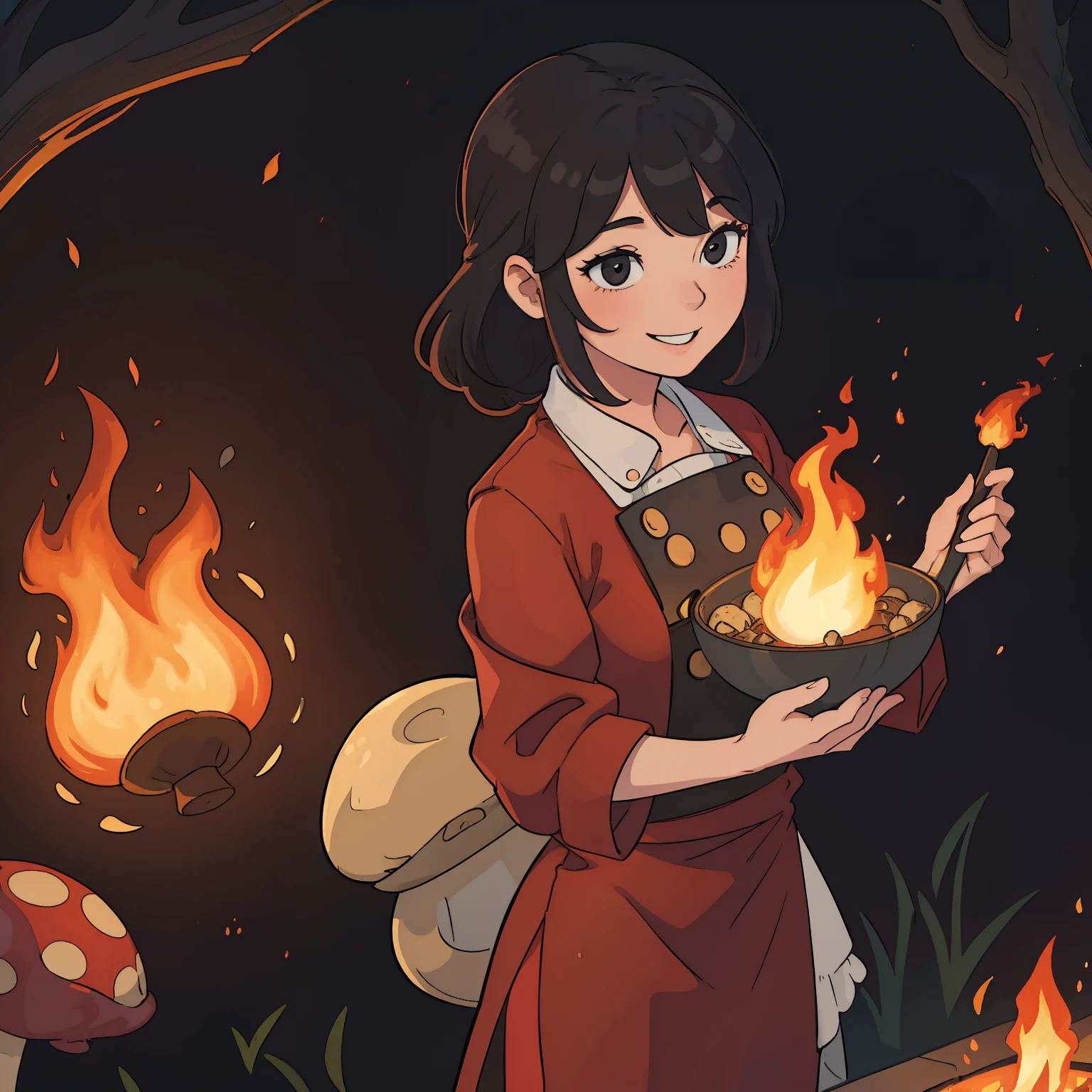 A cheff woman putting fire in a big mushroom black hairy asian smiling