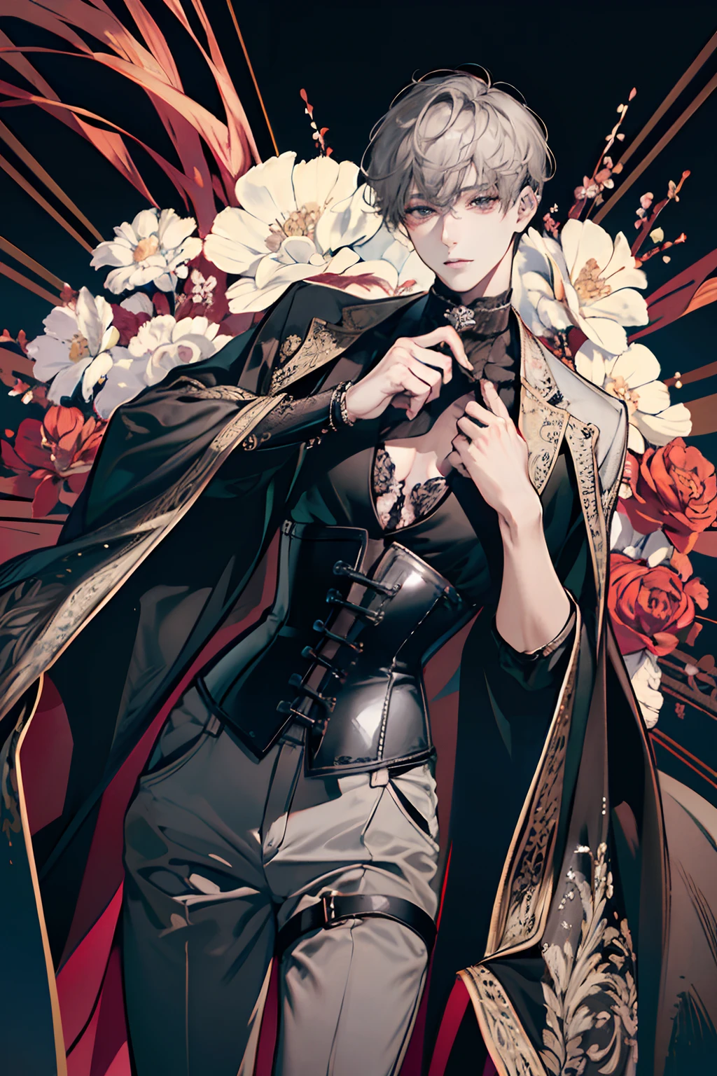 (absurderes, A high resolution, Ultra detailed), 1人, 30 years old man, adult man, Handsome, Tall,, finely detailed  eyes and detailed face, Leather pants, (((Open chest))), (((Lower chest corset))), Night, Smile, Dutch angle, ((Long hair, Gray hair)), golden detailing, Gothic, Vampire, Vampire Prince, Dark, Simple clothes, Looking at the view, brown tanned skin, Detailed eyes, (Masculine), Sexy, elegant, Long bangs, Detailed hands, (((Gray eyes))), Corset