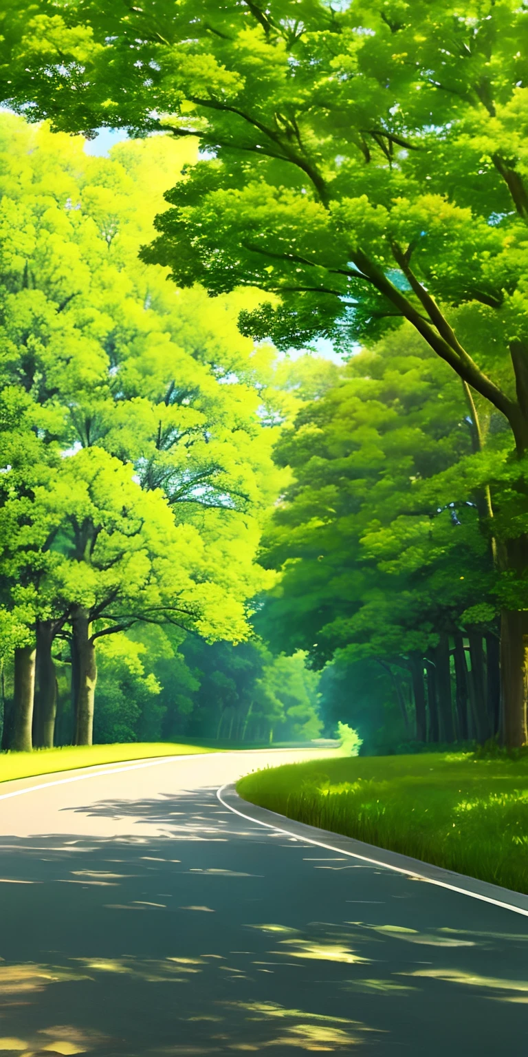 "A view of a green grassy land in high resolution, masterful quality, incredible detail, the road leading to the distant horizon, a super old tree. The environment is covered in a beautiful green and vibrant color, with sunlight shining through the trees, clouds hovering in the brilliant sky featuring flocks of migrating birds.