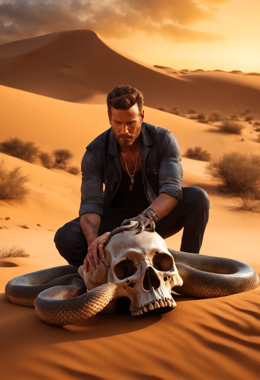 On the other side make a man crawling in the desert with skulls on his side and a snake biting his foot. ((ultra detailed)), ((high quality)), ((hyper realistic)) (size 1280px by 720px)