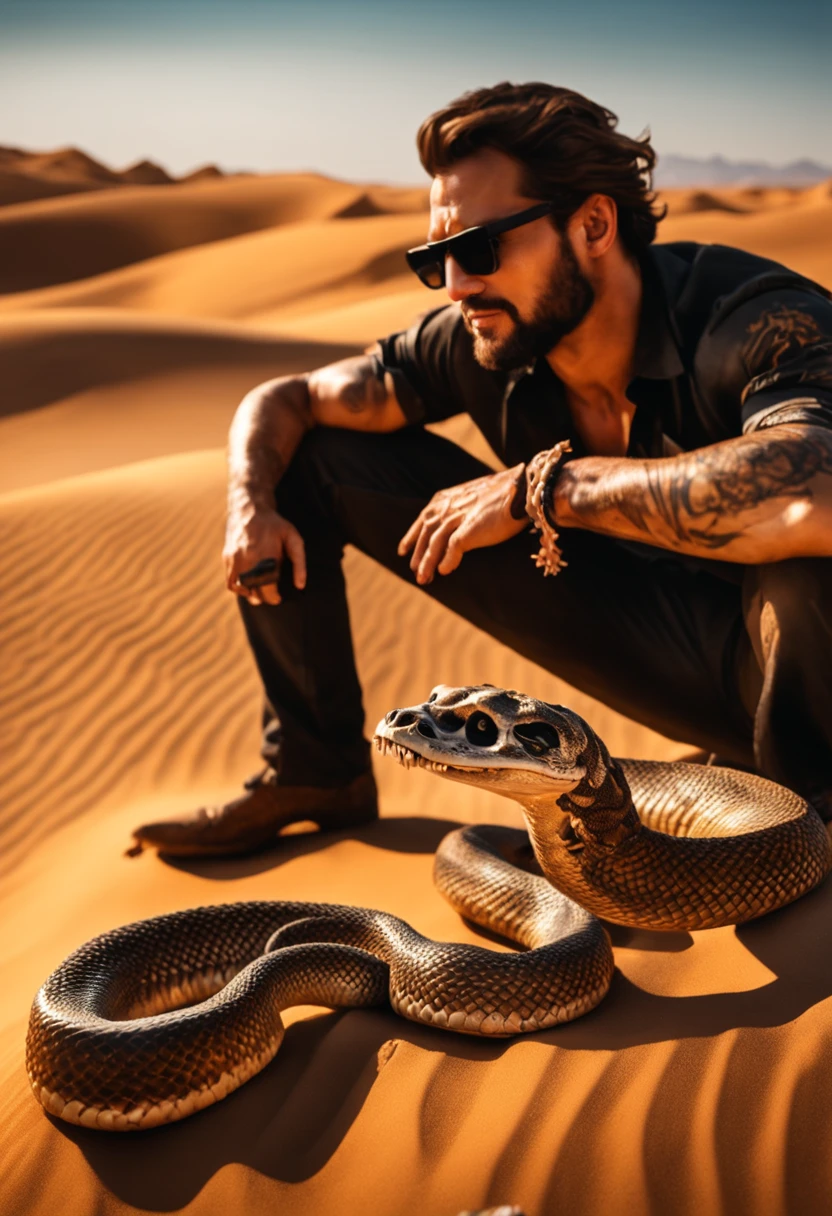 On the other side make a man crawling in the desert with skulls on his side and a snake biting his foot. ((ultra detailed)), ((high quality)), ((hyper realistic)) (size 1280px by 720px)