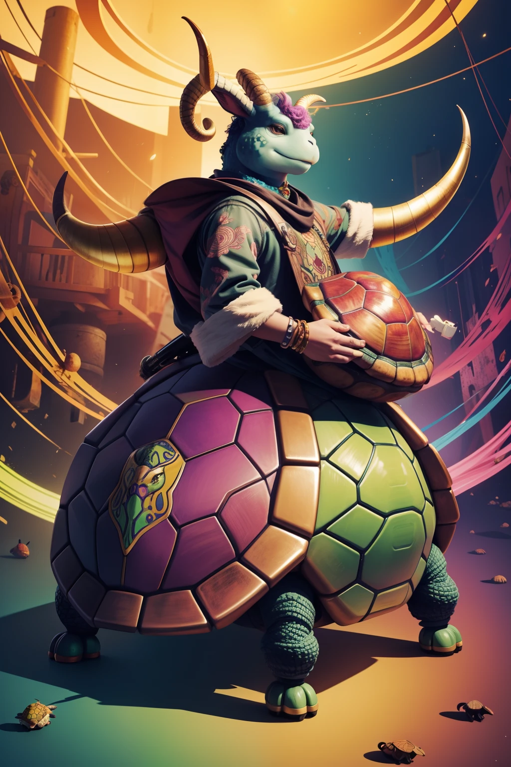 coils，Colorful colors，pecora，Two huge horns，anthropomorphic turtle