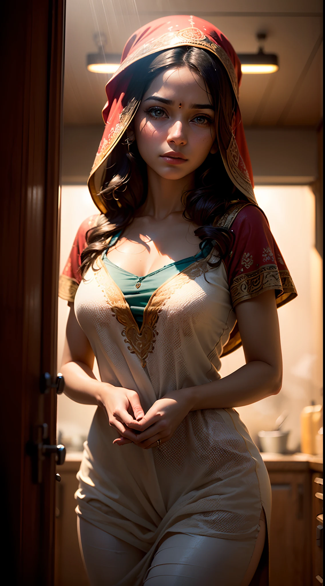 (masterpiece, best quality, insanely photorealistic RAW close-up portrait:1.4) of a stunning beautiful 25yo indian woman, T-shirt and jean colorful tight dress, beautiful face, long wavy hair, (intricate veil covering hair partially:1.2) (shy, looking down:1.5), indoors, detailed eyes, (natural skin texture:1.1), award-winning travel photography, highly detailed, (sharp focus:1.2), intricate, (soft lighting, indirect warm lighting:1.6), dramatic lighting, 4k, 8k, HD