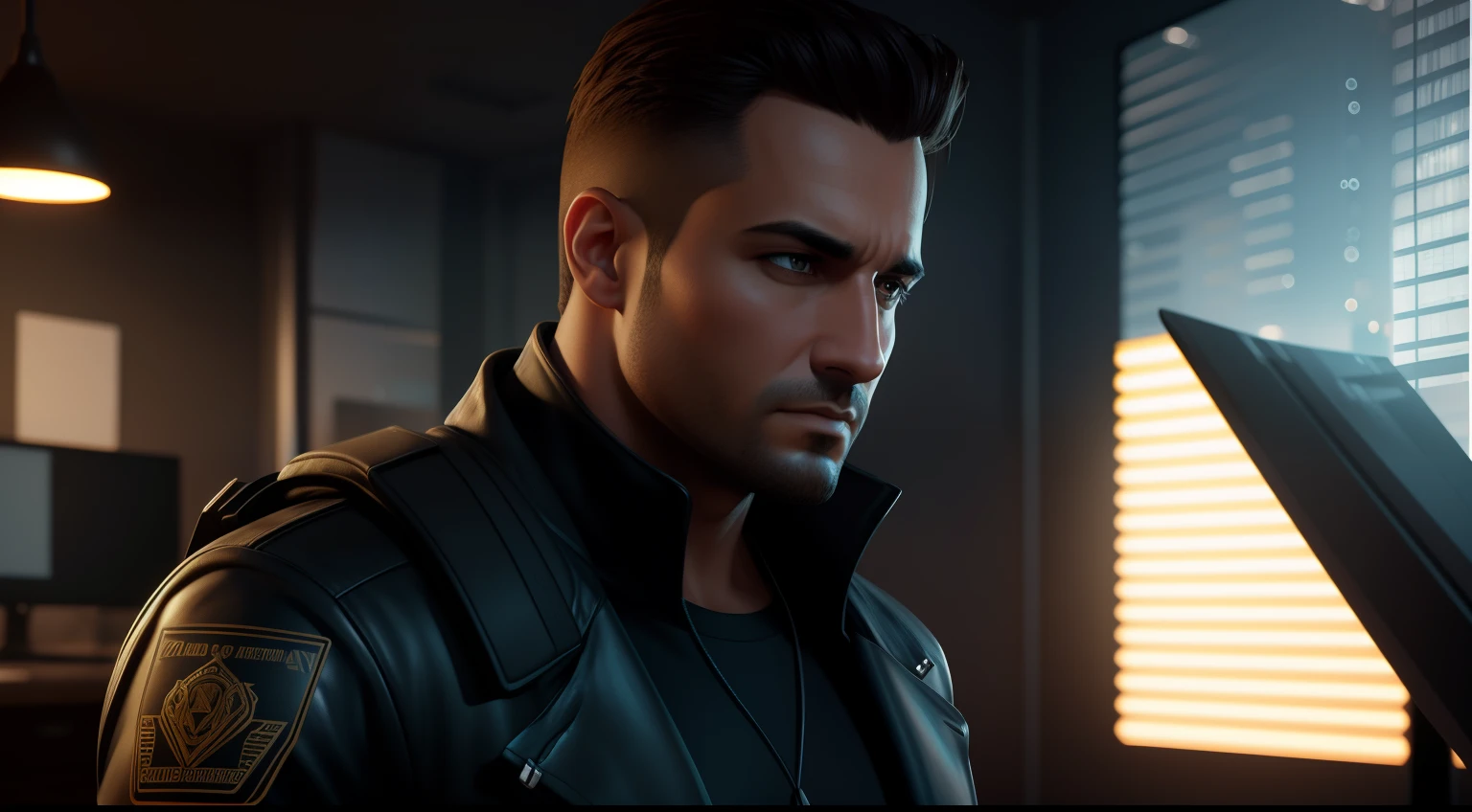 Create an image of a cyber noir detective in a seedy office, Cyberpunk aesthetics, cor profunda, intrincado, 8K resolution concept art, natural lighting, beautiful composition, foco nítido, Studio photo, detalhes intrincados, altamente detalhado, profundidade de campo, foco nítido, High detail, textura de pele realista, Realistic, fotorrealista, Arte Digital, tinta escura