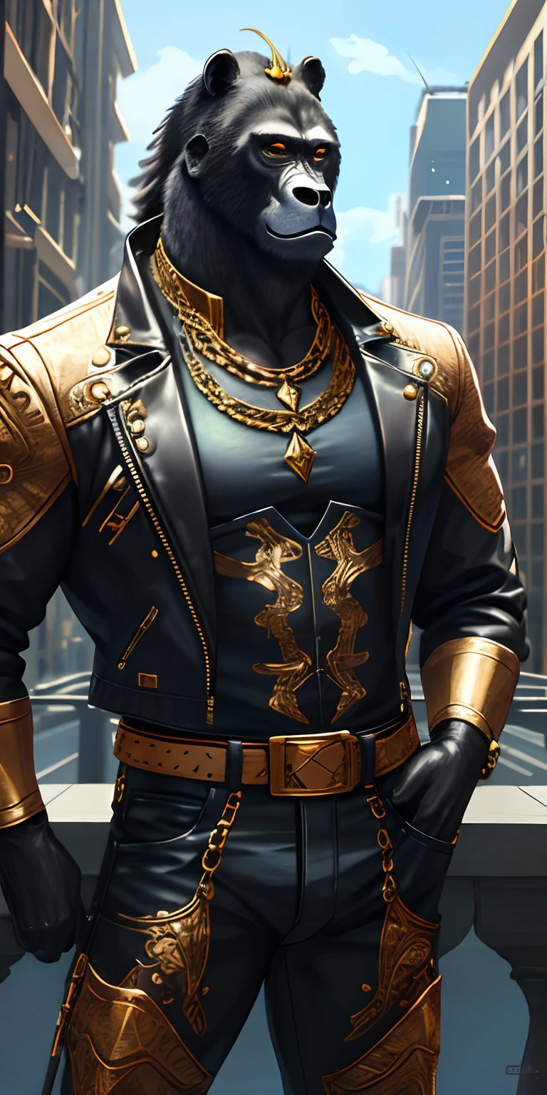 Anthropomorphic gorillas stand tall in a fashionable city. Moonshine highlights your leather jacket and gold necklace. The scenery is lush,Handsome and cool, Jewelry in and around the city. The camera details everything, A maid, In front of him.