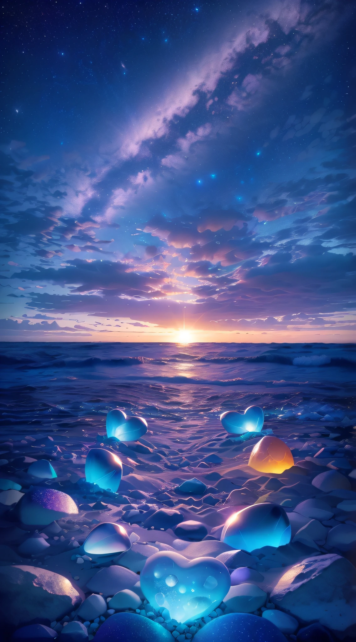 Close up of beach with rock and sky background, fantasy sea landscape, Magical beach, dreamy scenes, Sea Elves, luminous scene, glowing crystals on the ground, anime beautiful peace scene, (fantasy), magical ocean, gorgeous romantic sunset, heavenly glow, dreamy and romantic, stunning light reflections, Bioluminescent spheres, glowing reflections