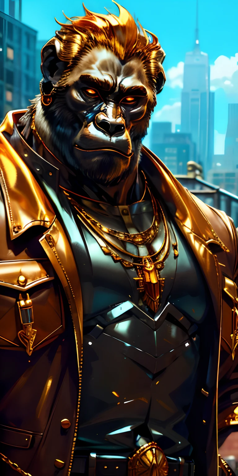 Anthropomorphic gorillas stand tall in a trendy city. Moonshine highlights your leather jacket and gold necklace. The scenery is lush，Handsome and cool, Jewelry in the city and surrounding area. The camera details everything, A maid, In front of him.