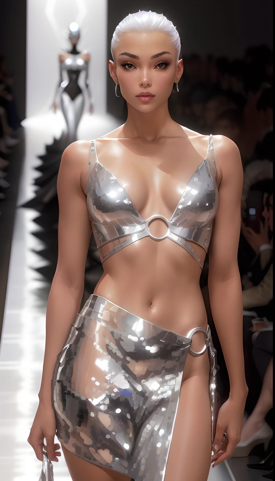 A closeup of a woman in a silver bikini and silver shorts, metallic torso, Roupa cromada, metal bikini, metallic shiny skin. intrincado, bodysuit cromado, Thierry Mugler, shiny and metallic, Inspirado em Hajime Sorayama, Estilo Hajime Sorayama, vestindo futurista, shiny metallic glossy skin, corpo bonito do modelo da moda