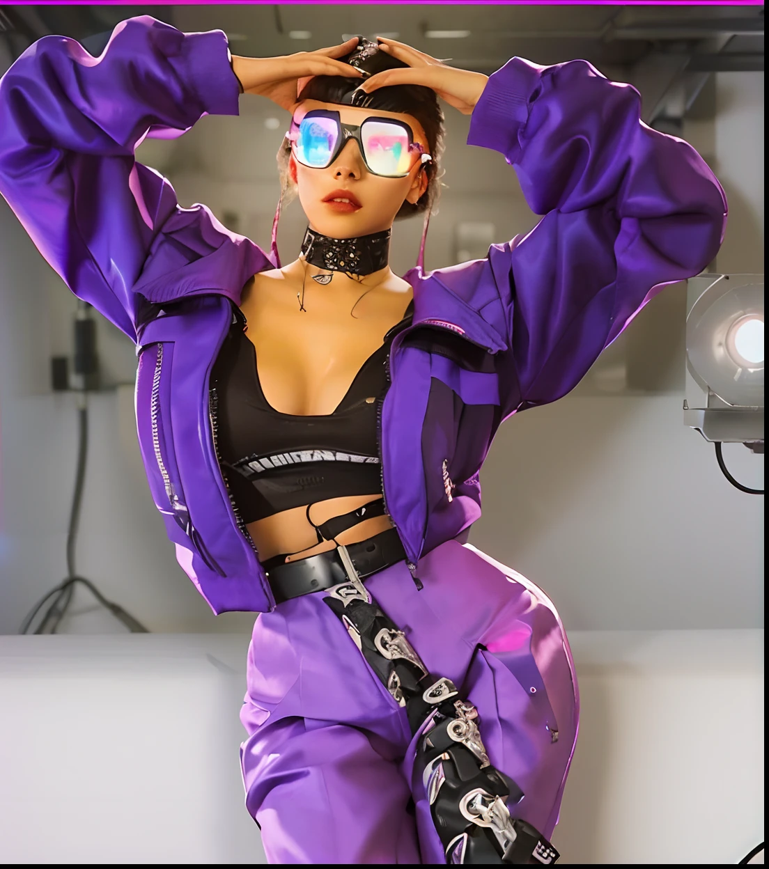 A closeup of a woman in a purple jacket and pants, para alugar artista 3d, Sombra de Overwatch, roupa estilo cyberpunk, estilo de arte fotorrealista, roupa cyberpunk, Cyberpunk 2 0 e. o modelo menina, roupa roxa, alta moda cyberpunk, Cyberpunk Streetwear, estilo de arte realista, vibe cyberpunk, Personagem 3d realista, purple volumetric lighting